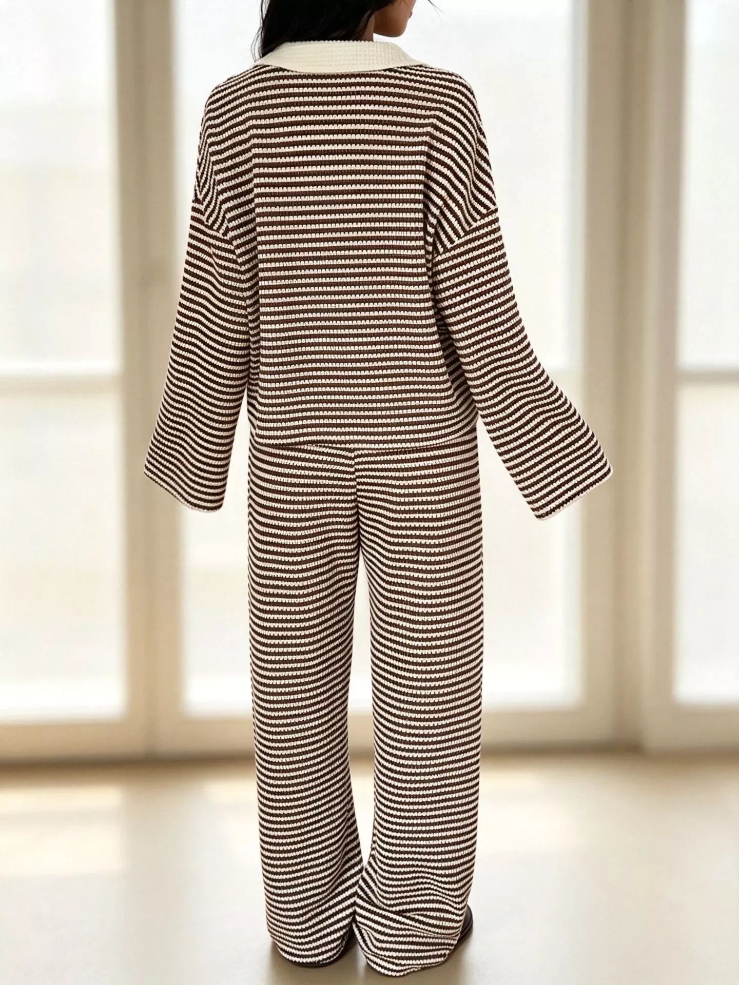 Striped Long Sleeve Polo and Wide-Leg Pants Set