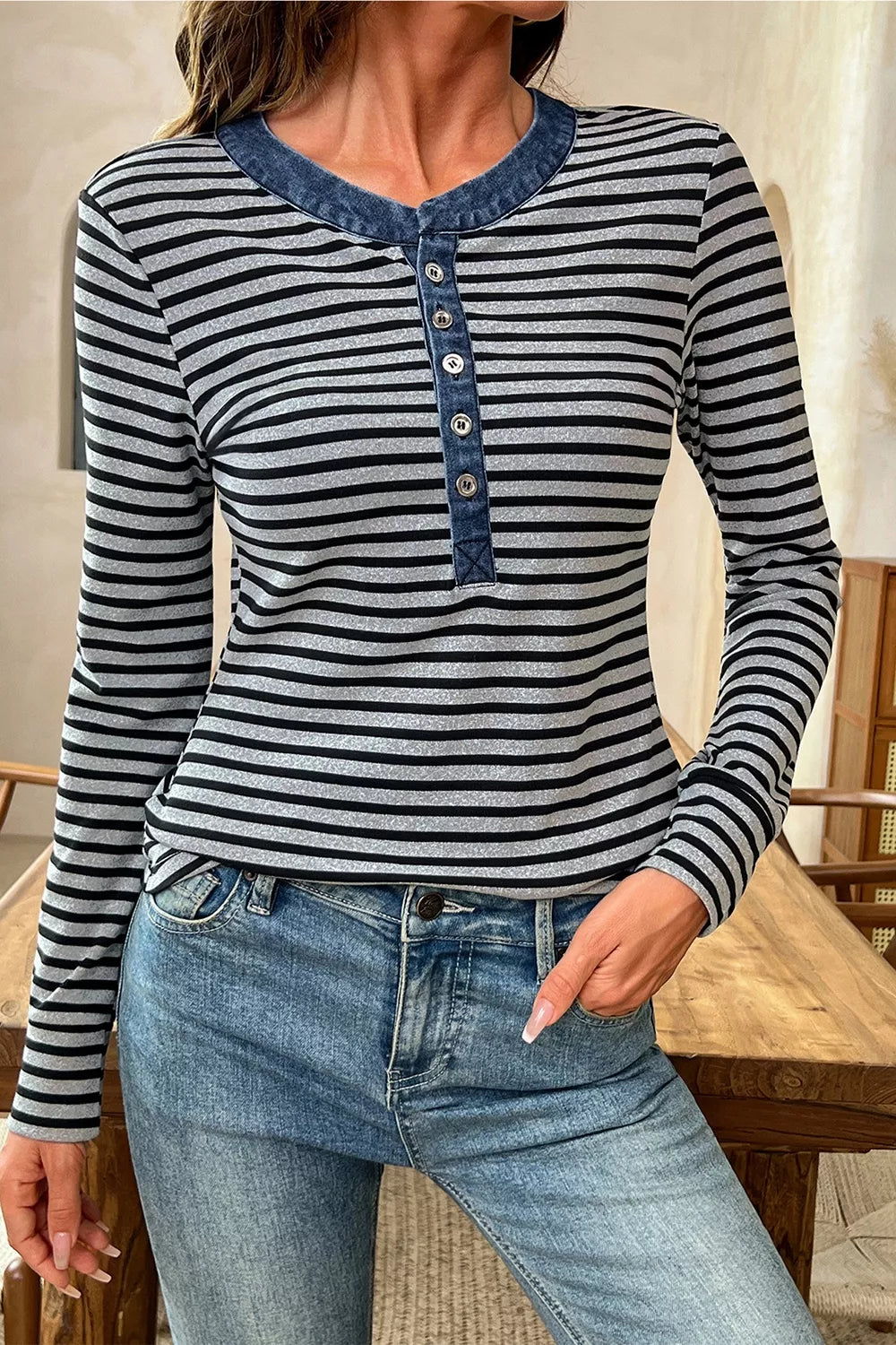Stripe Denim Contrast Collar Half Button Long Sleeve Top