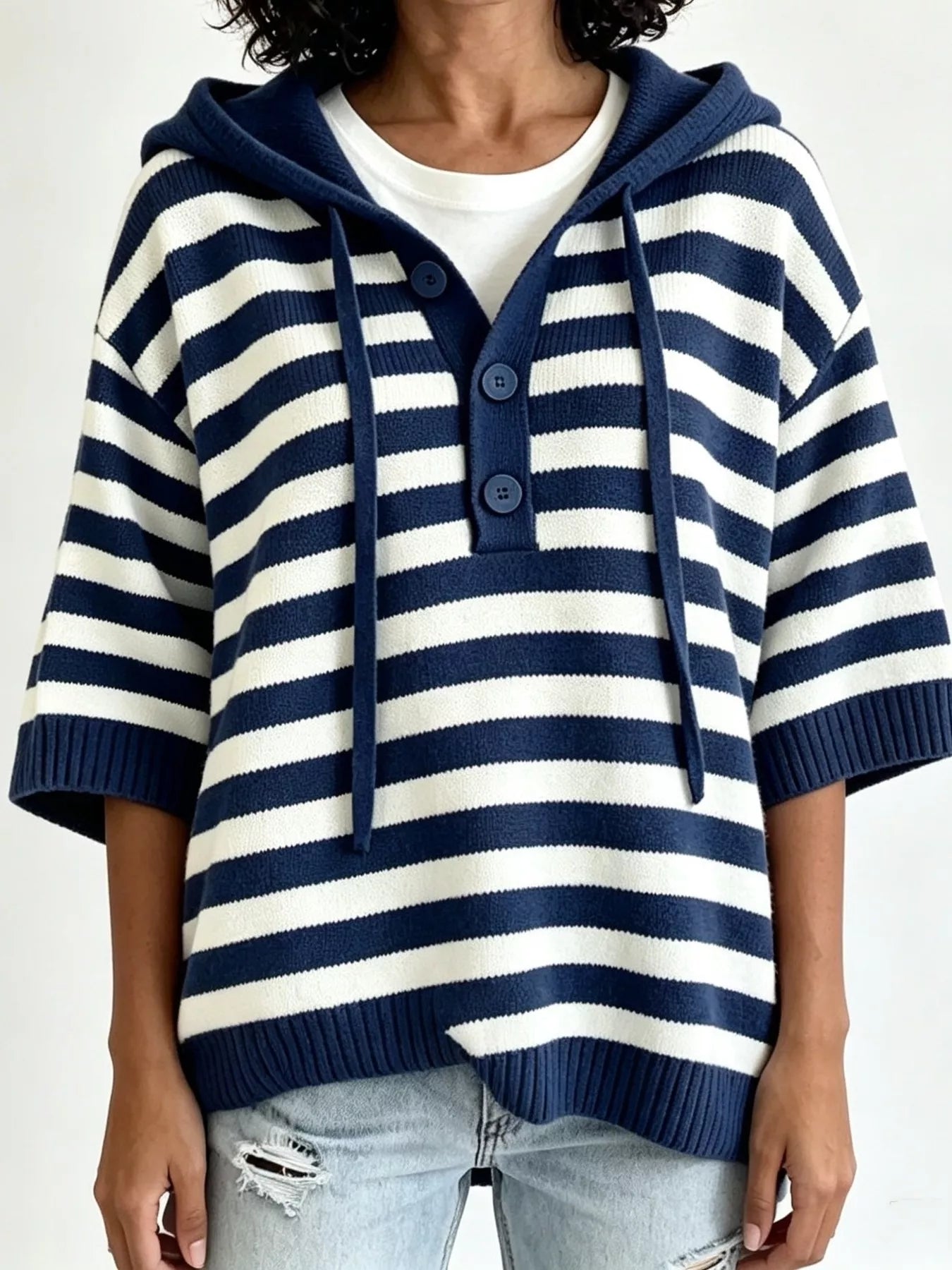 Striped Hooded Sweater with Button Detail
