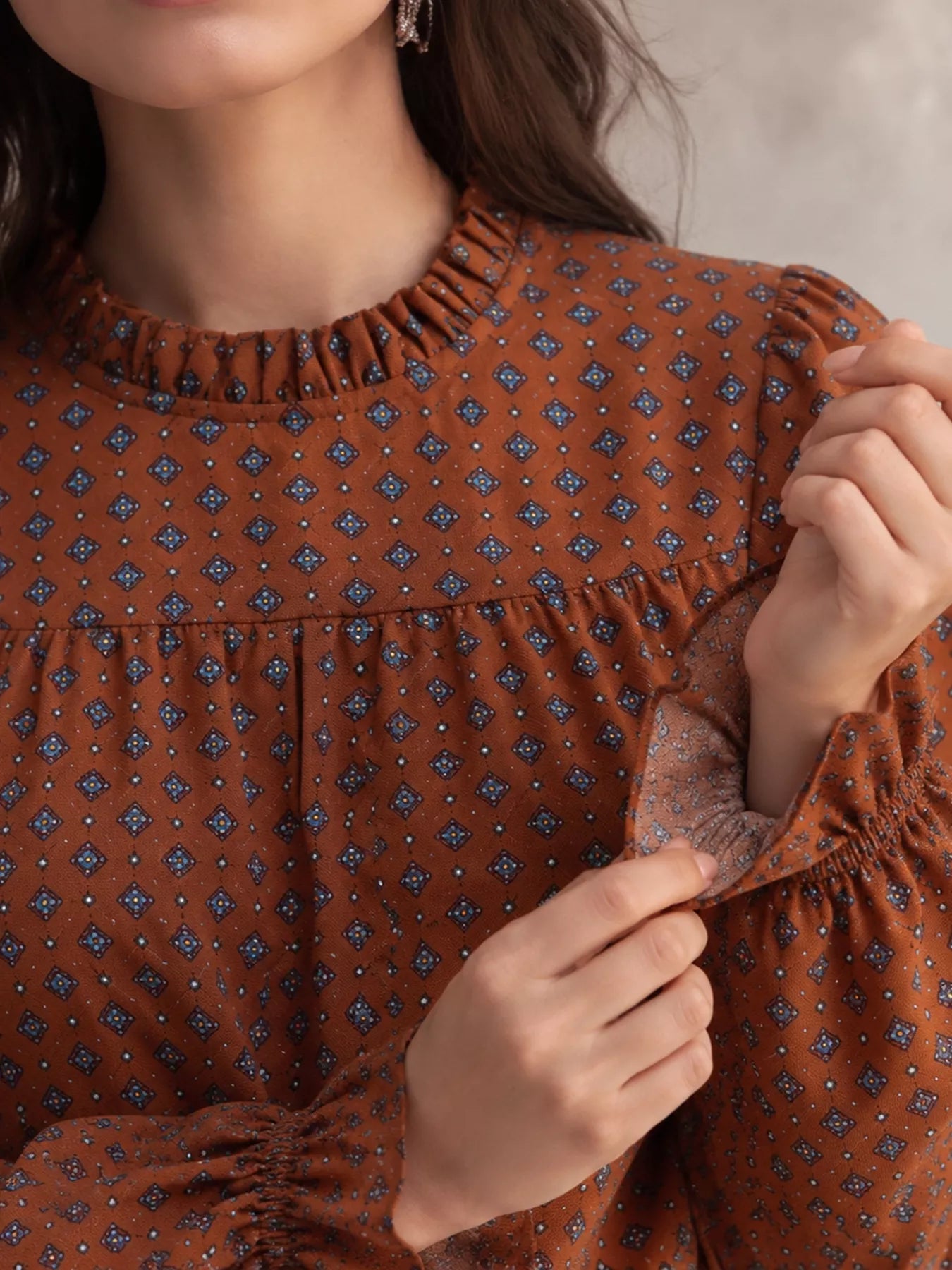 Printed Flounce Sleeve Blouse