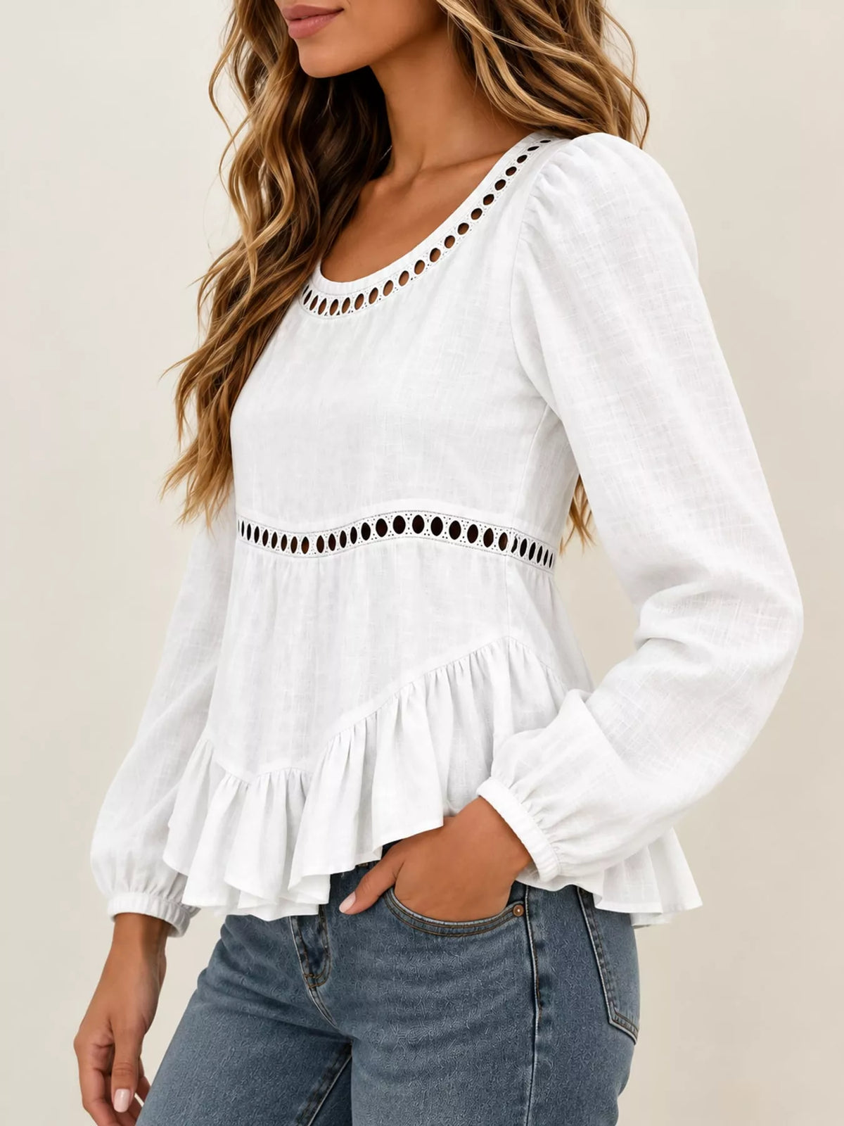 Long Sleeve Blouse with Eyelet Lace Trim and Ruffled Hem