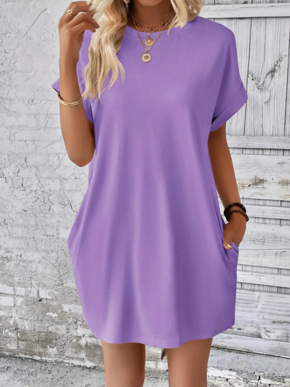 Round Neck Short Sleeve Mini Tee Dress with Pockets