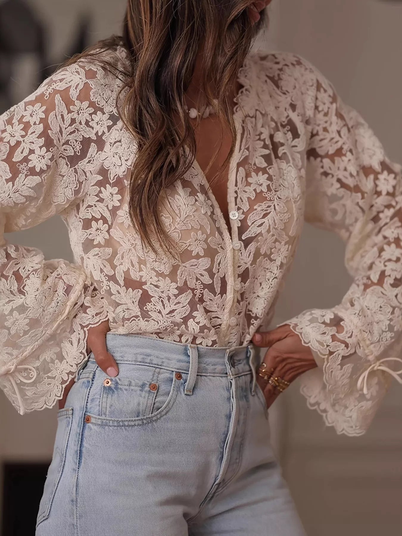 Lace Sheer Button Up Shirt