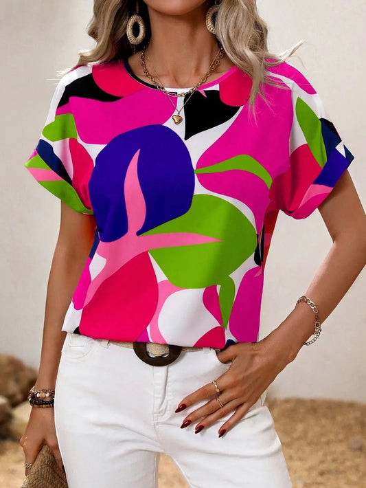 Contrast Round Neck Short Sleeve Blouse
