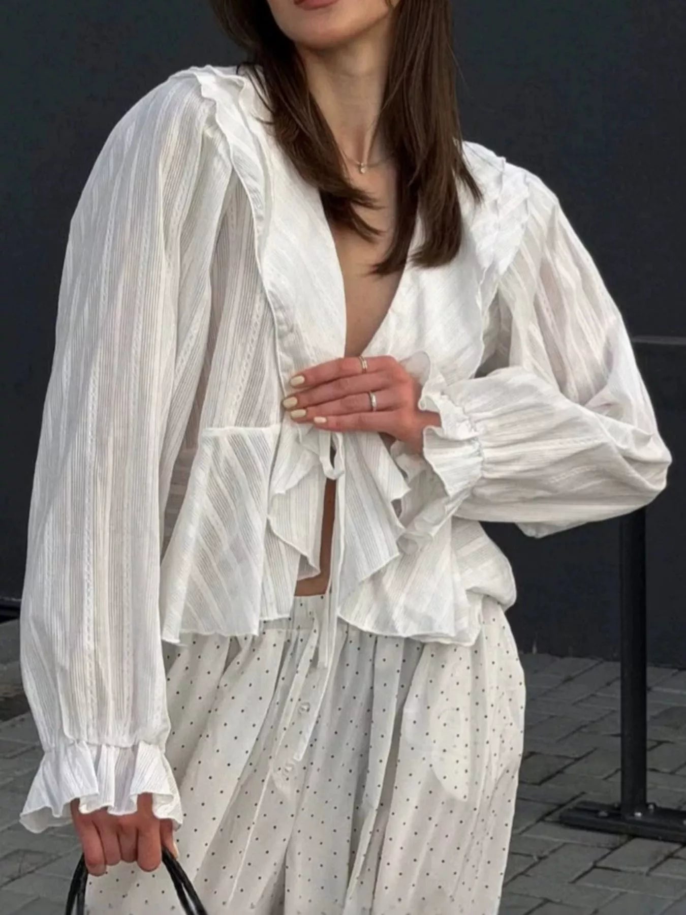 Ruffled Striped Flounce Sleeve Blouse