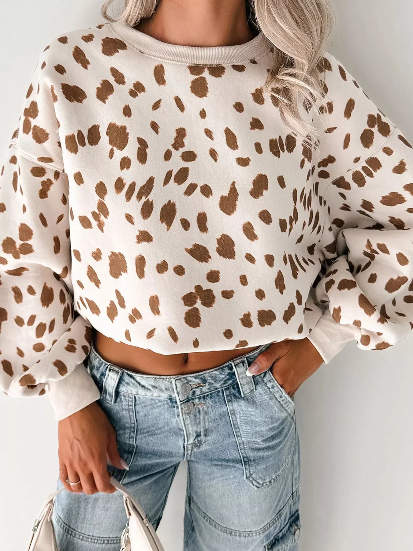 Leopard Print Dropped Shoulder Round Neck Casual Sweatshirt