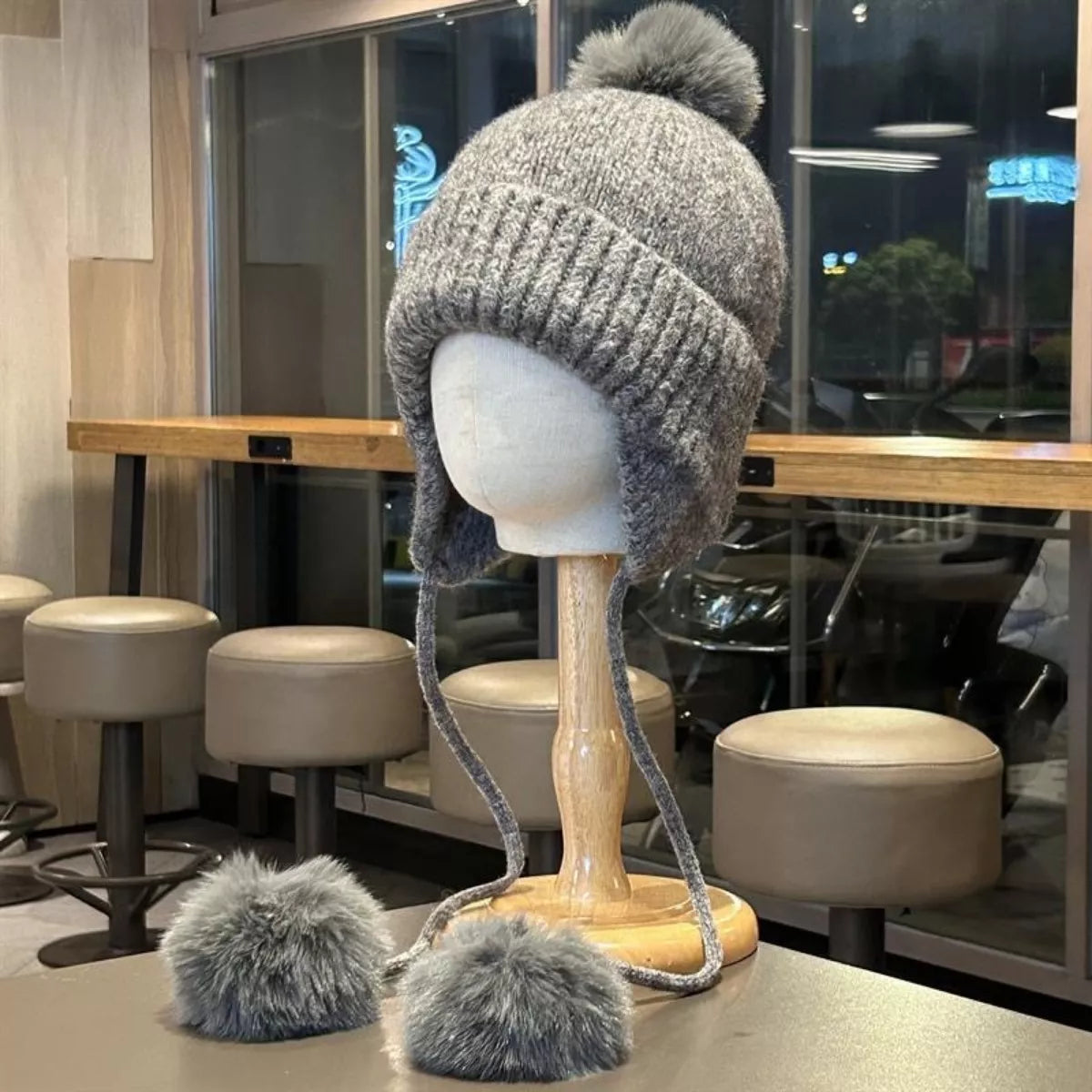 Warm Knitted Beanie Hat with Pom Pom Ear Flaps