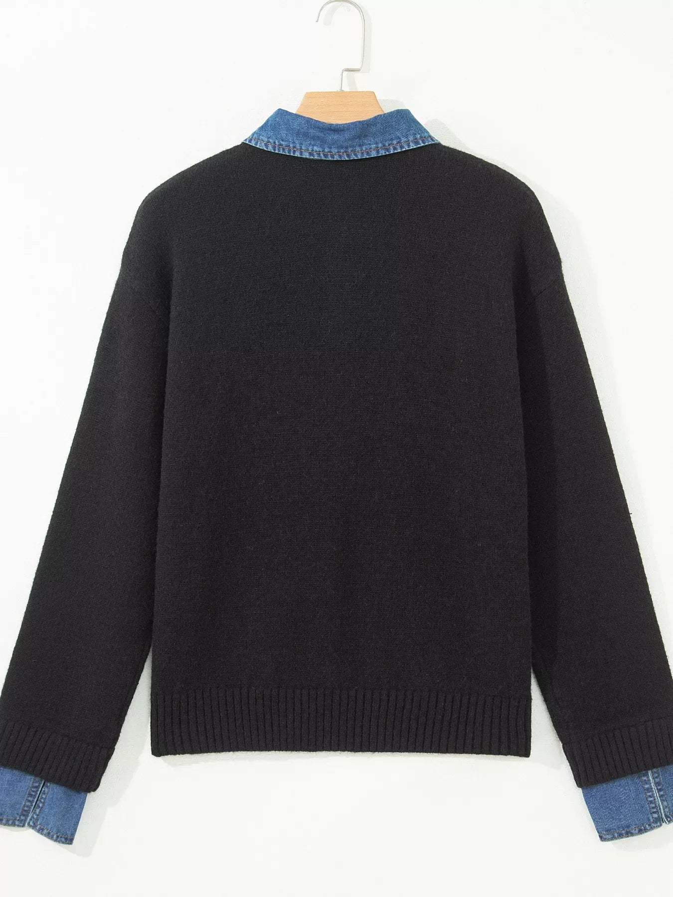 Denim Patchwork Collar Cuffed Casual Sweater