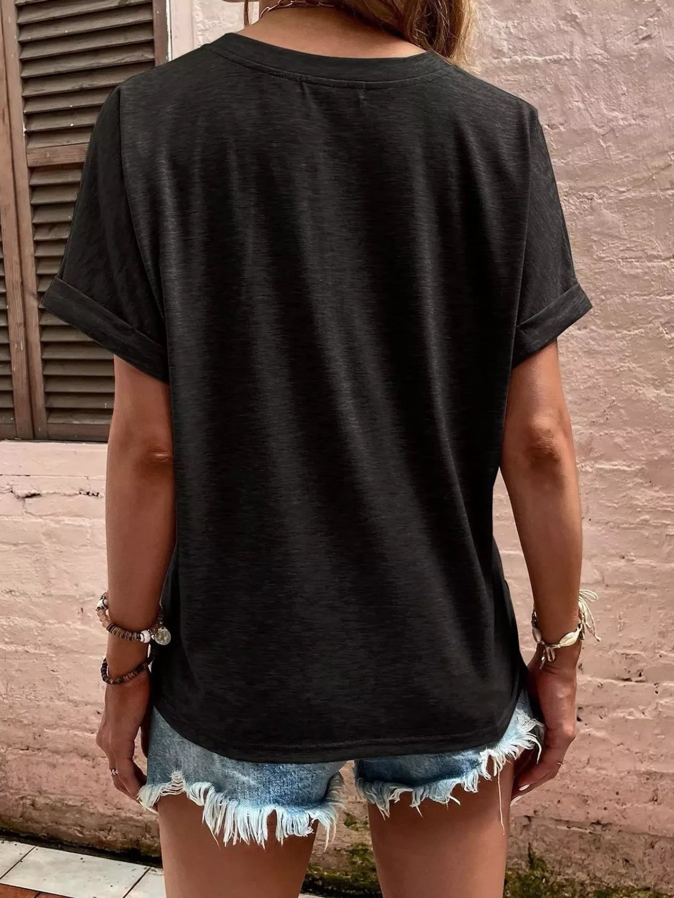 Full Size Notched T-Shirt with Rolled Sleeves Plus Size
