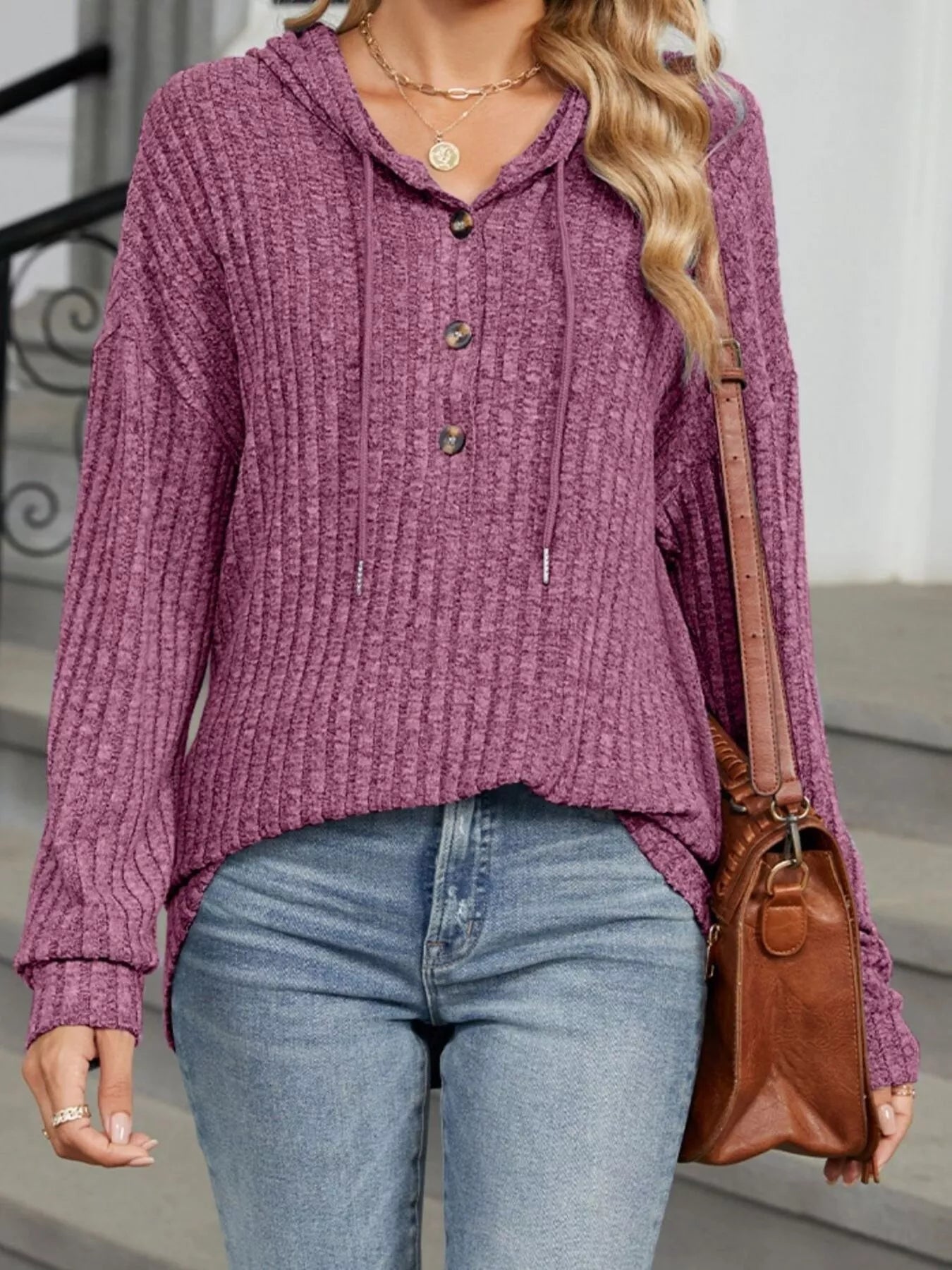 Ribbed Knit Drawstring Long Sleeve Hoodie