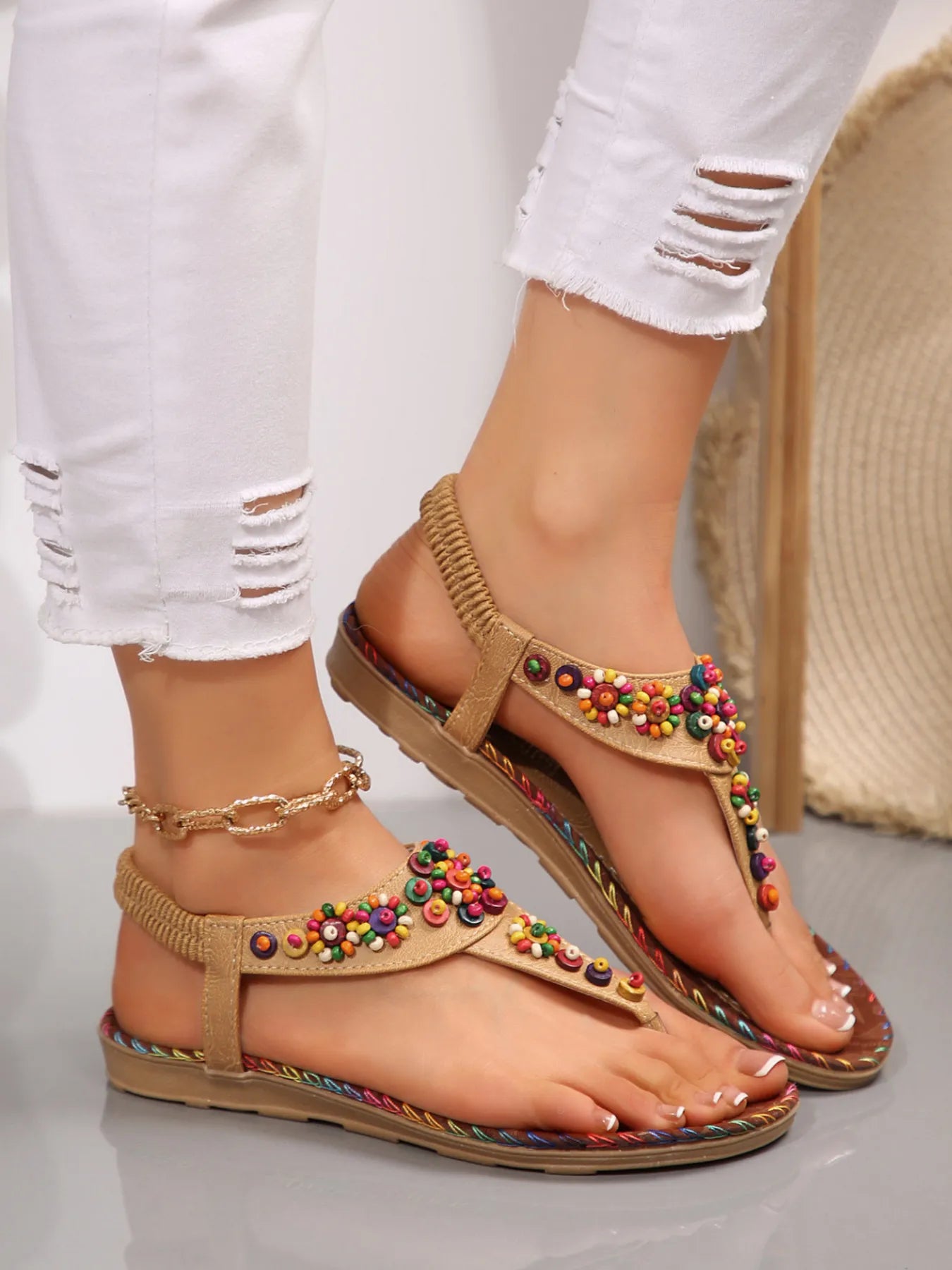 Colorful Beaded T-Strap Flat Sandals