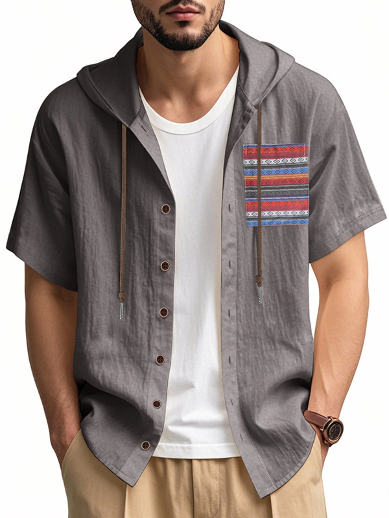 Men's Full Size Casual Hooded Short Sleeve Shirt Plus Size