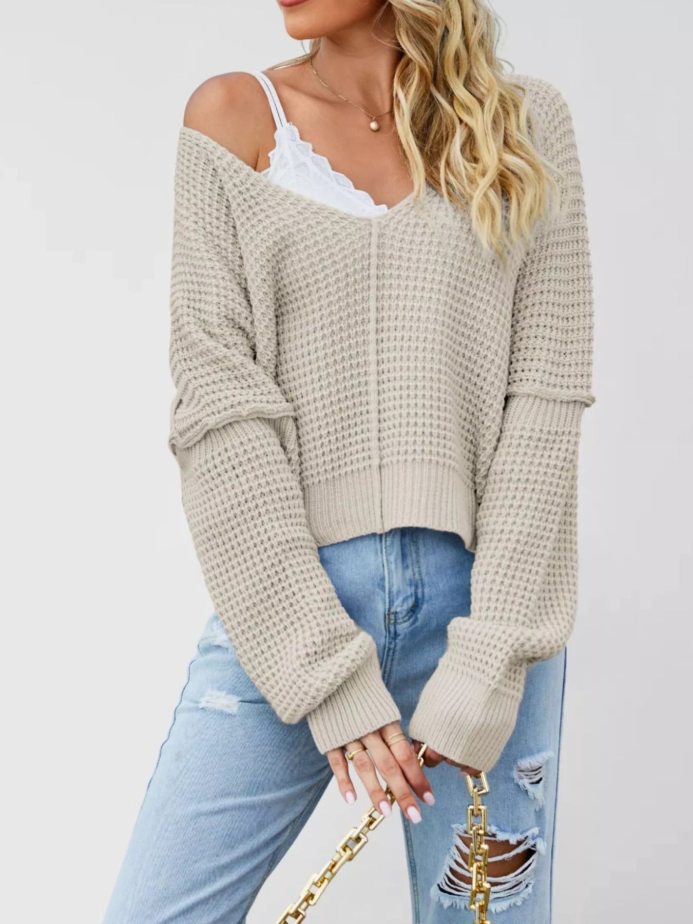 Waffle Knit Dropped Shoulder Sweater