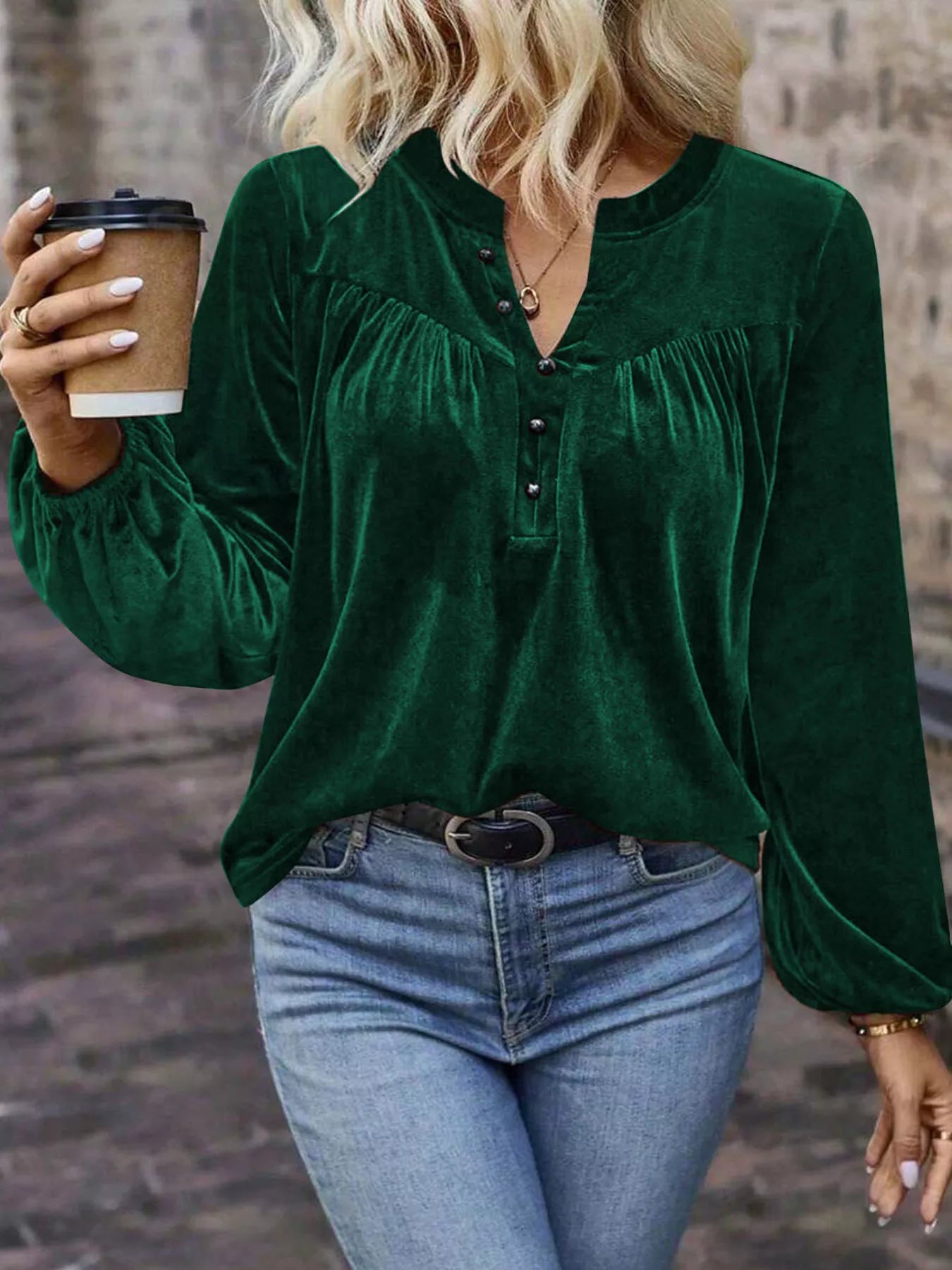 Velvet Balloon Sleeve Blouse