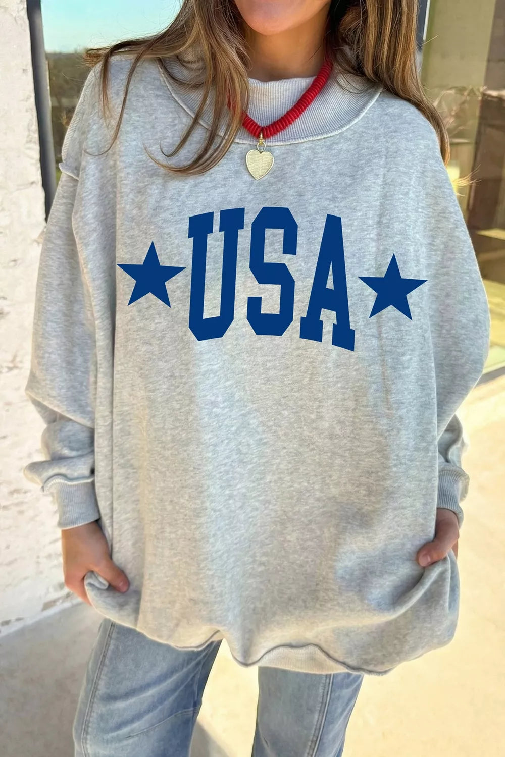 Mock Neck USA Slogan Graphic Sweatshirt