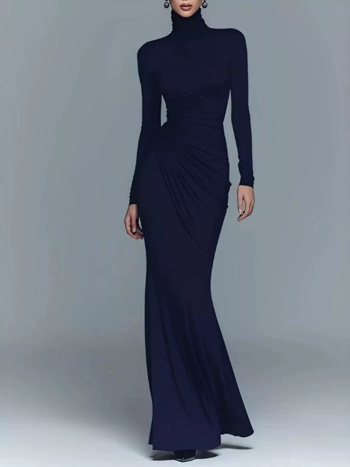 Turtleneck Long-Sleeve Ruched Maxi Dress