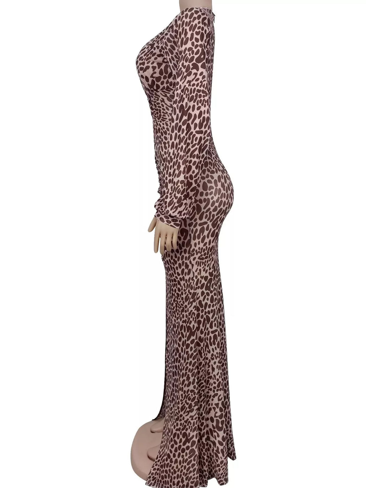 Leopard Print Deep V-Neck Long Sleeve High Slit Maxi Dress