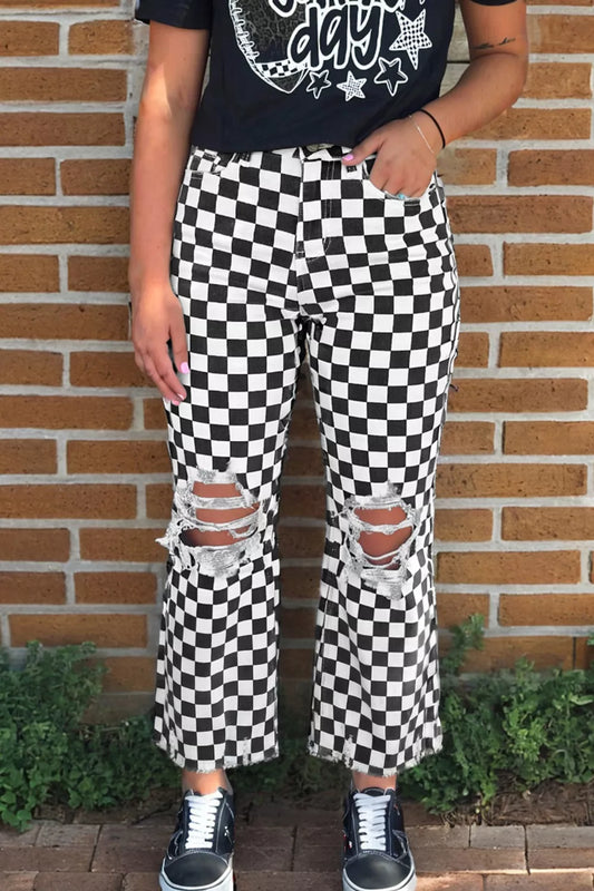 Checkerboard Print Distressed Holes Raw Edge Cropped Jeans