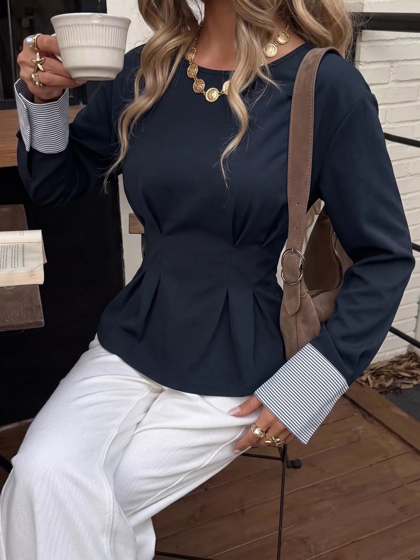 Round Neck Peplum Top with Striped Cuffs