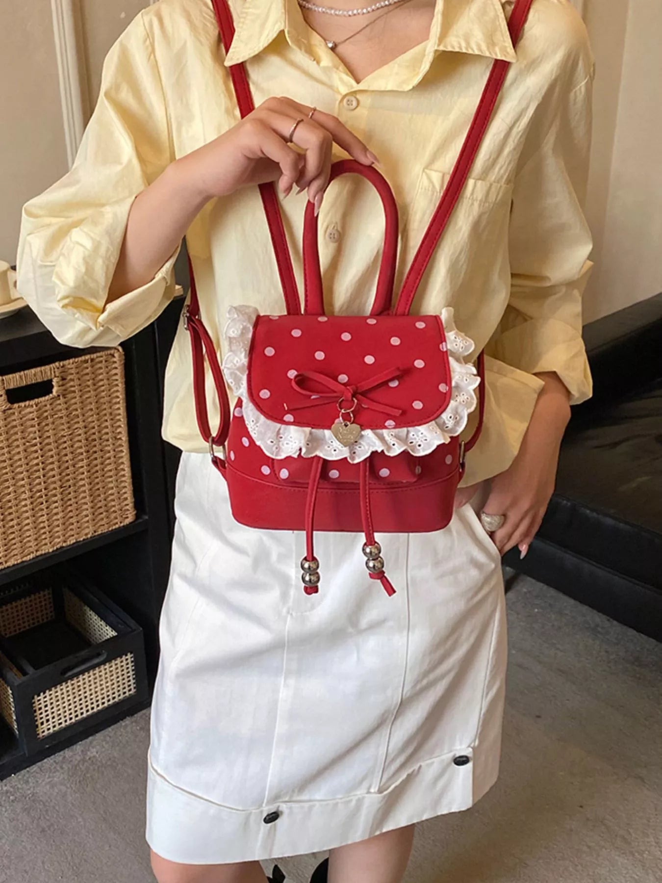 Polka Dot Lace Trim Backpack Bag