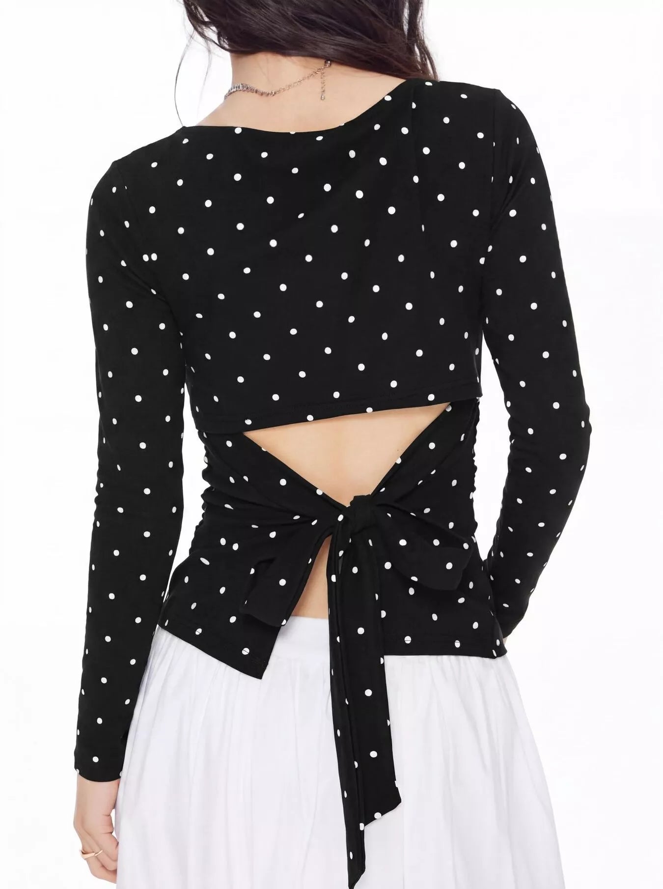 Long Sleeve Polka Dot Tie Back T-Shirt