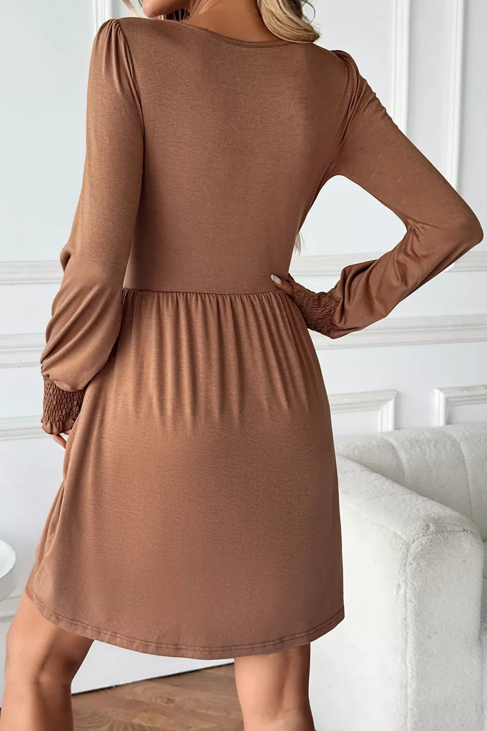Shirred Cuff Long Sleeve Button Round Neck Mini Dress