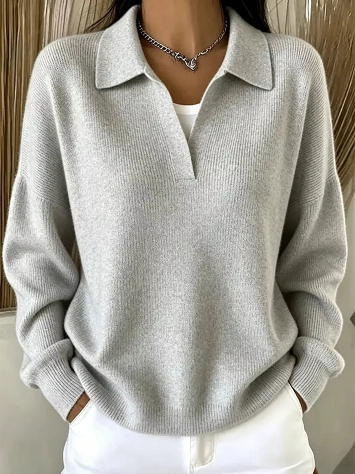 Ribbed Knit Polo Collar Sweater