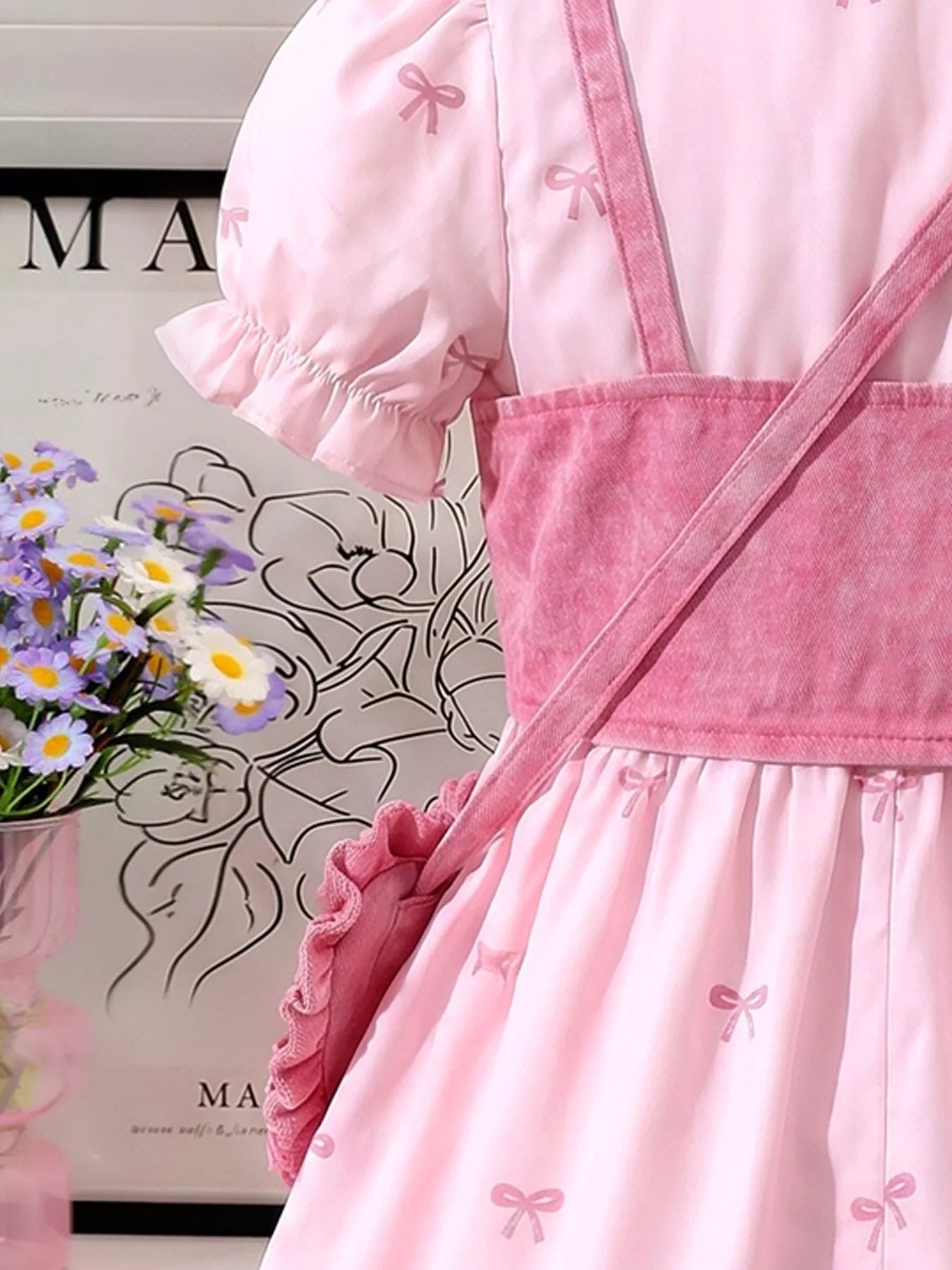 Children's Bow Print Puff Sleeve Dress and Vest Set with Heart Bag