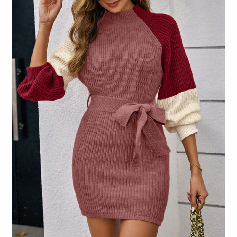 Women's Color Block Sweater Midi Dress - Fall Long Sleeve Bodycon Dress With Tie Waist