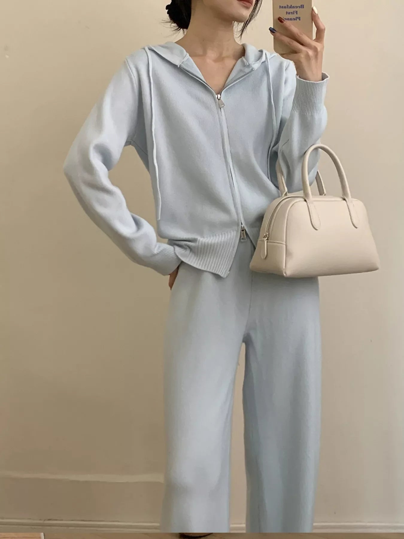 Zip Up Cardigan and Drawstring Wide Leg Pants Knit Set