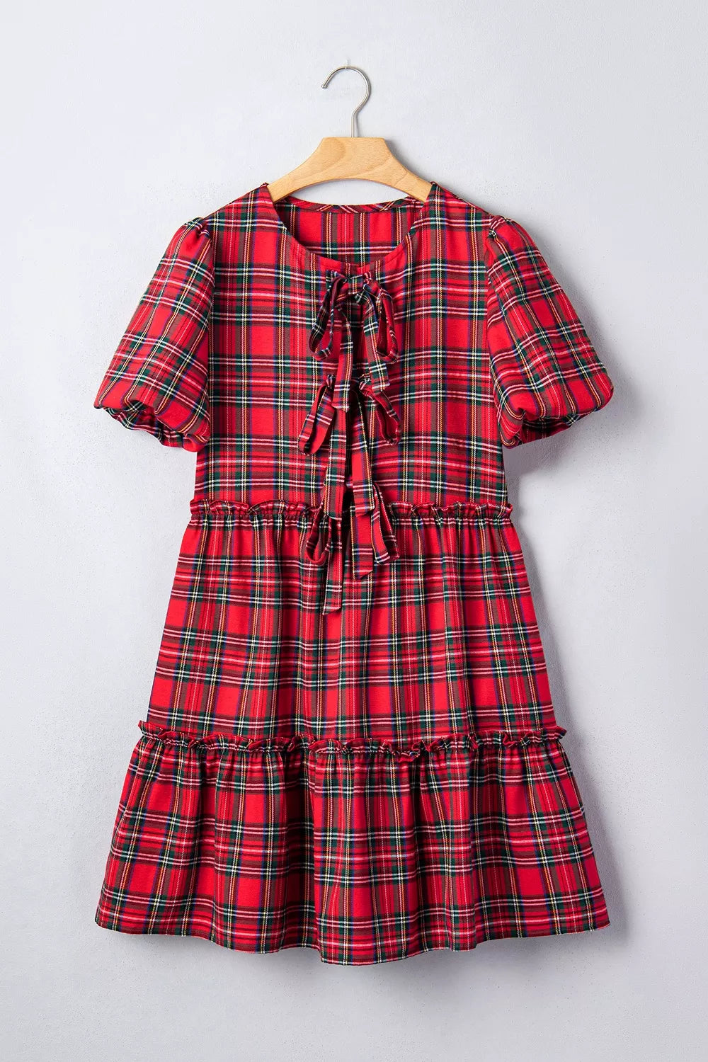 Plaid Knot Neck Short Sleeve Mini Shift Dress