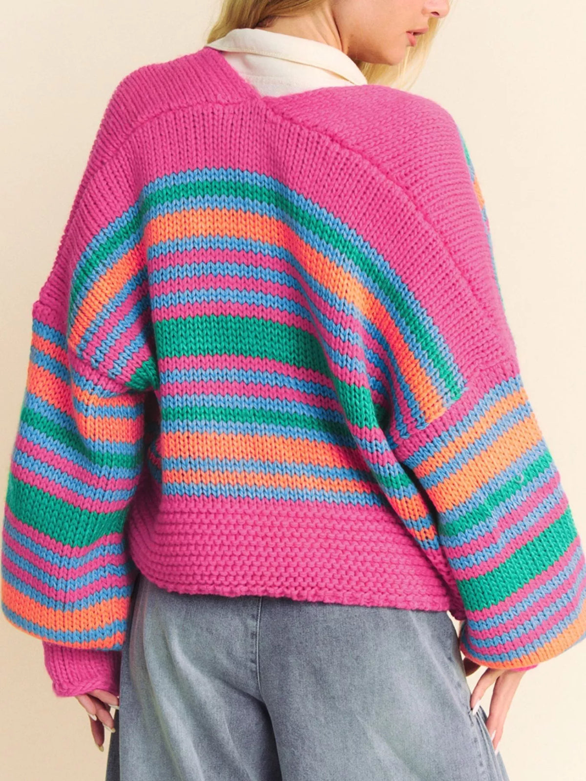 Stripe Colorful Puff Sleeve Drop Shoulder Loose Cardigan