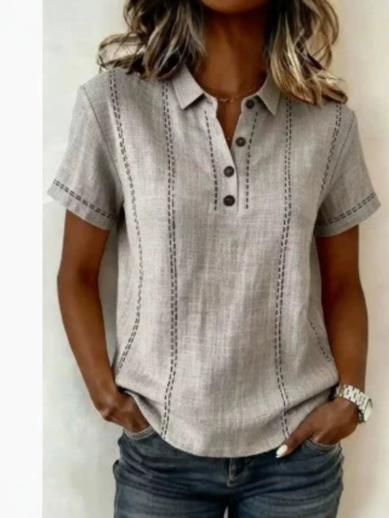 Full Size Button Detail Short Sleeve Blouse Plus Size