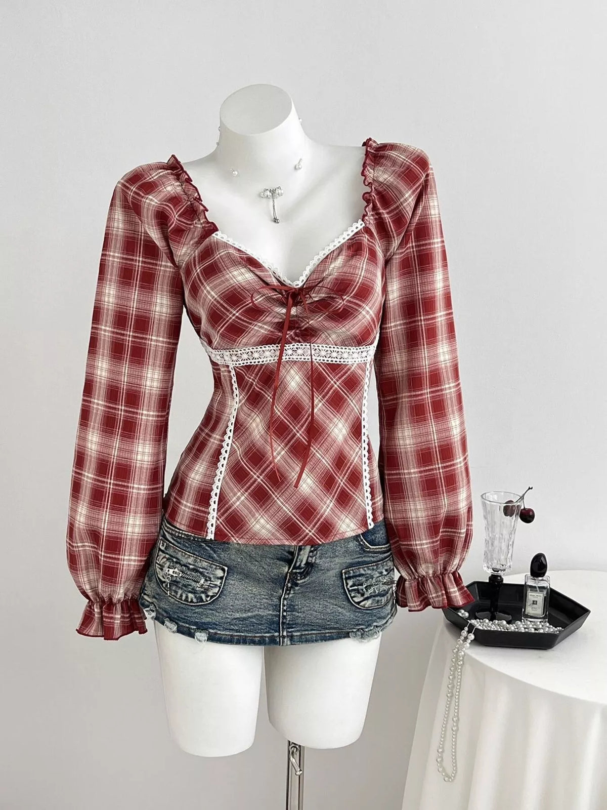 Plaid Lace-Trimmed Long Sleeve Blouse
