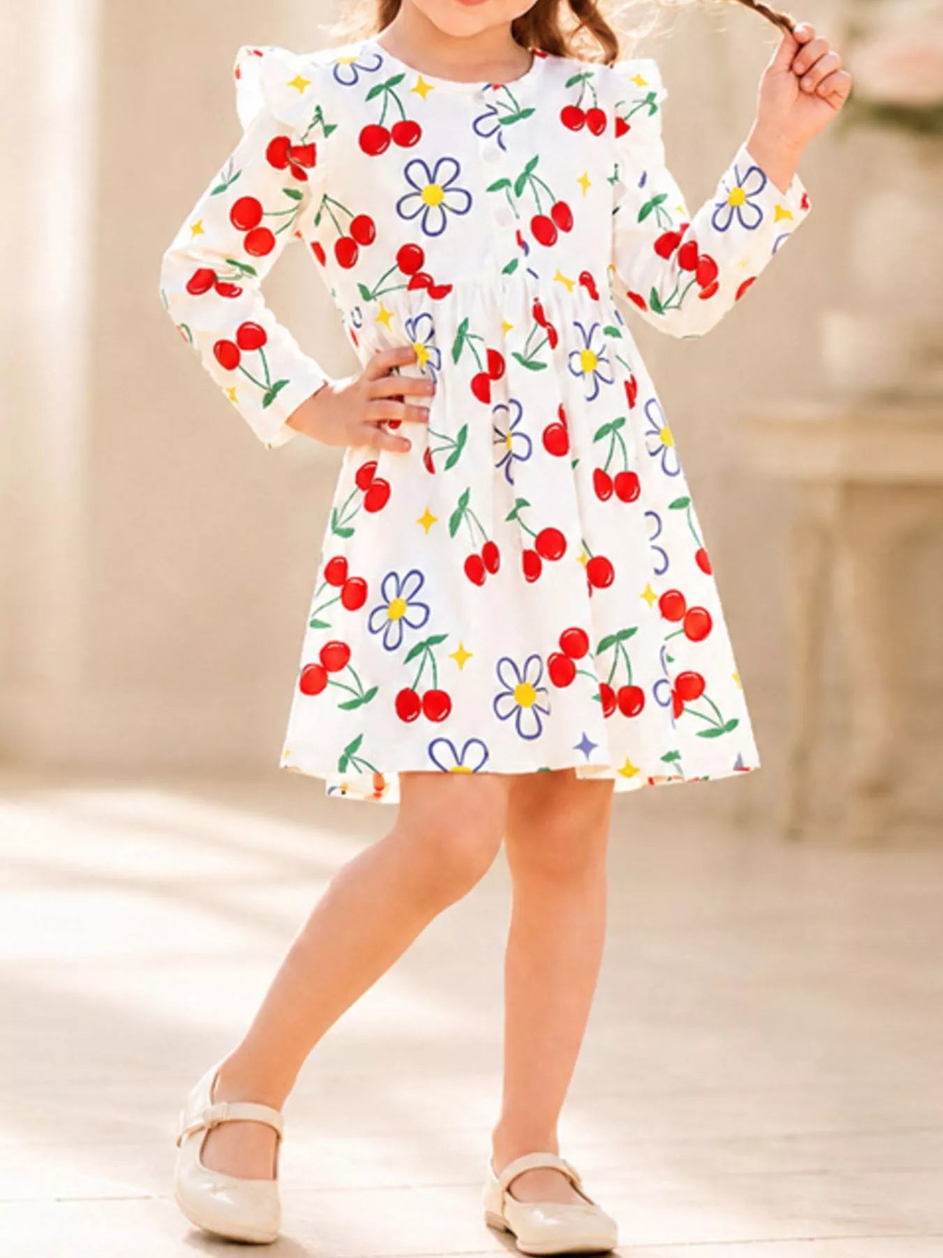 Children's Long-Sleeve Cherry and Flower Print A-Line Dress