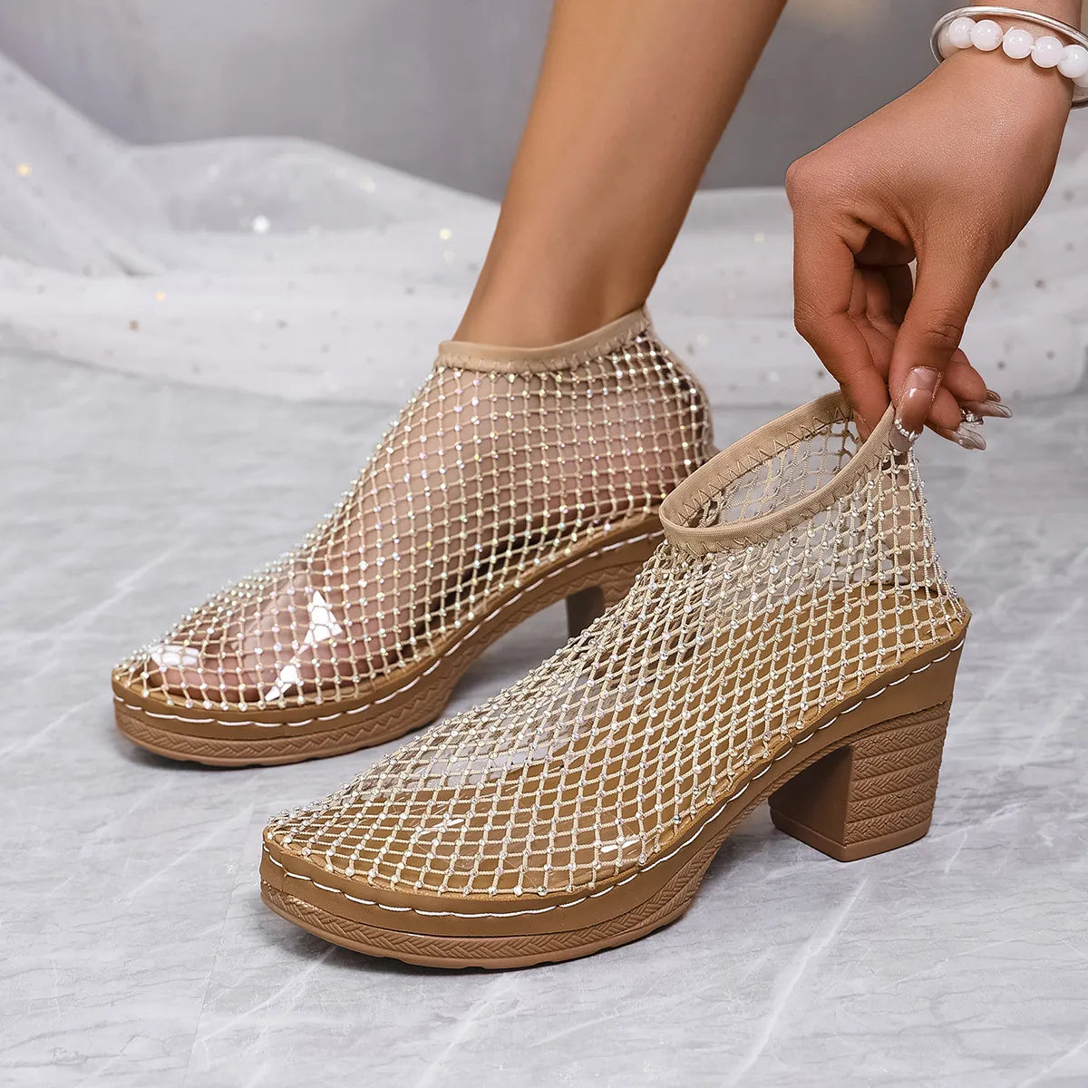 Rhinestone Block Heel Sandals