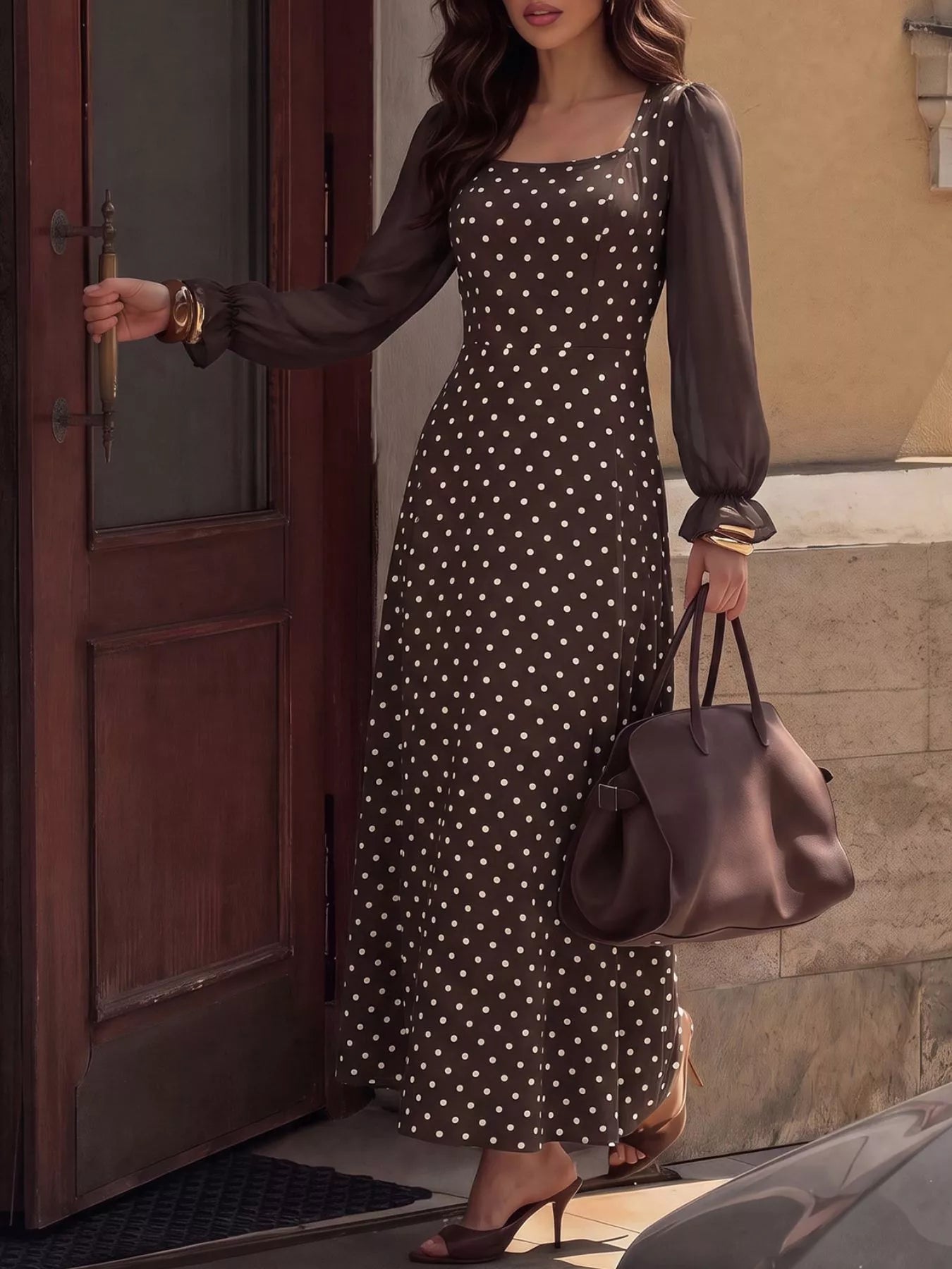 Polka Dot Square Neck Long Sleeve Maxi Dress
