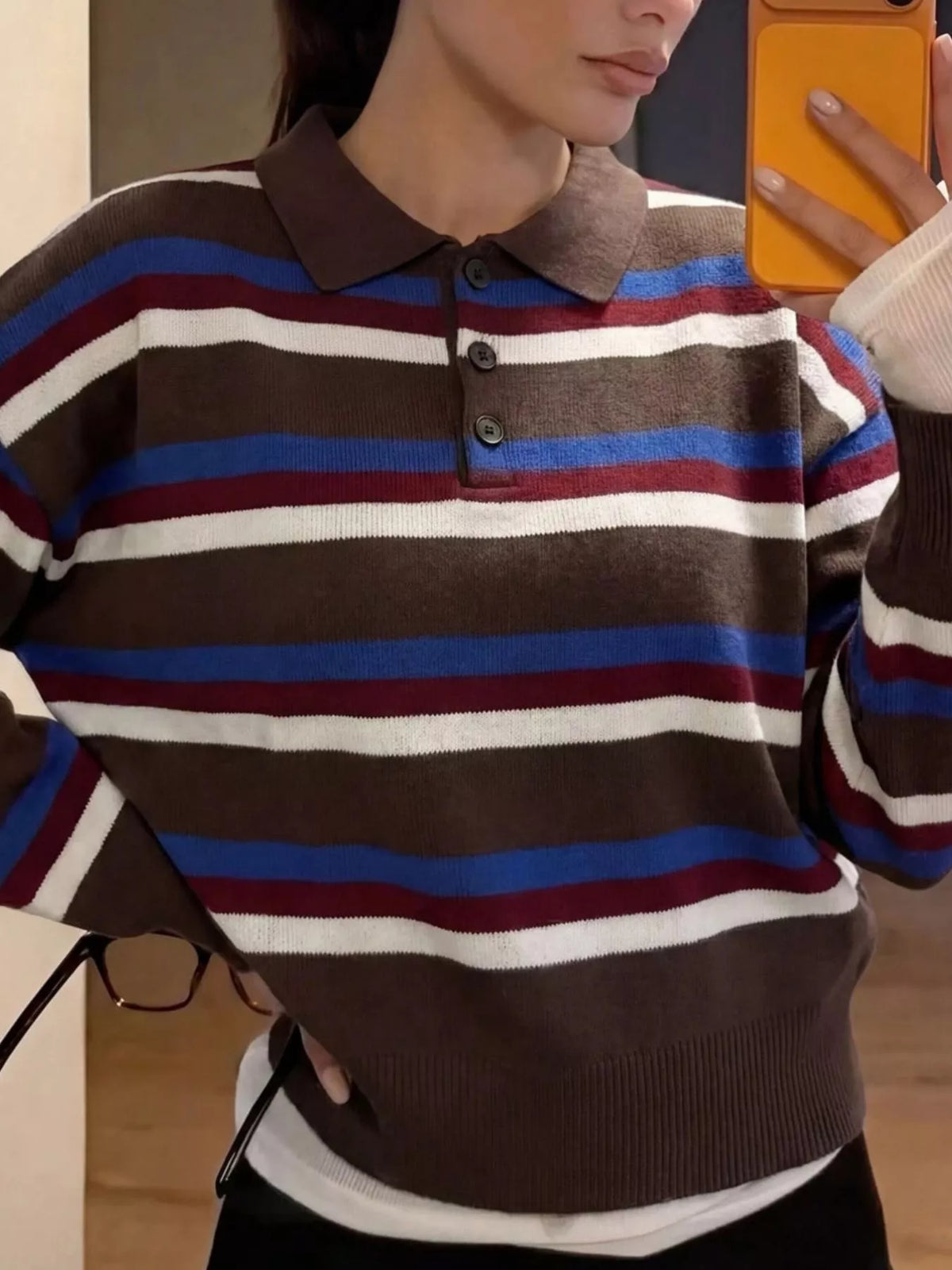 Striped Polo Collar Knit Sweater