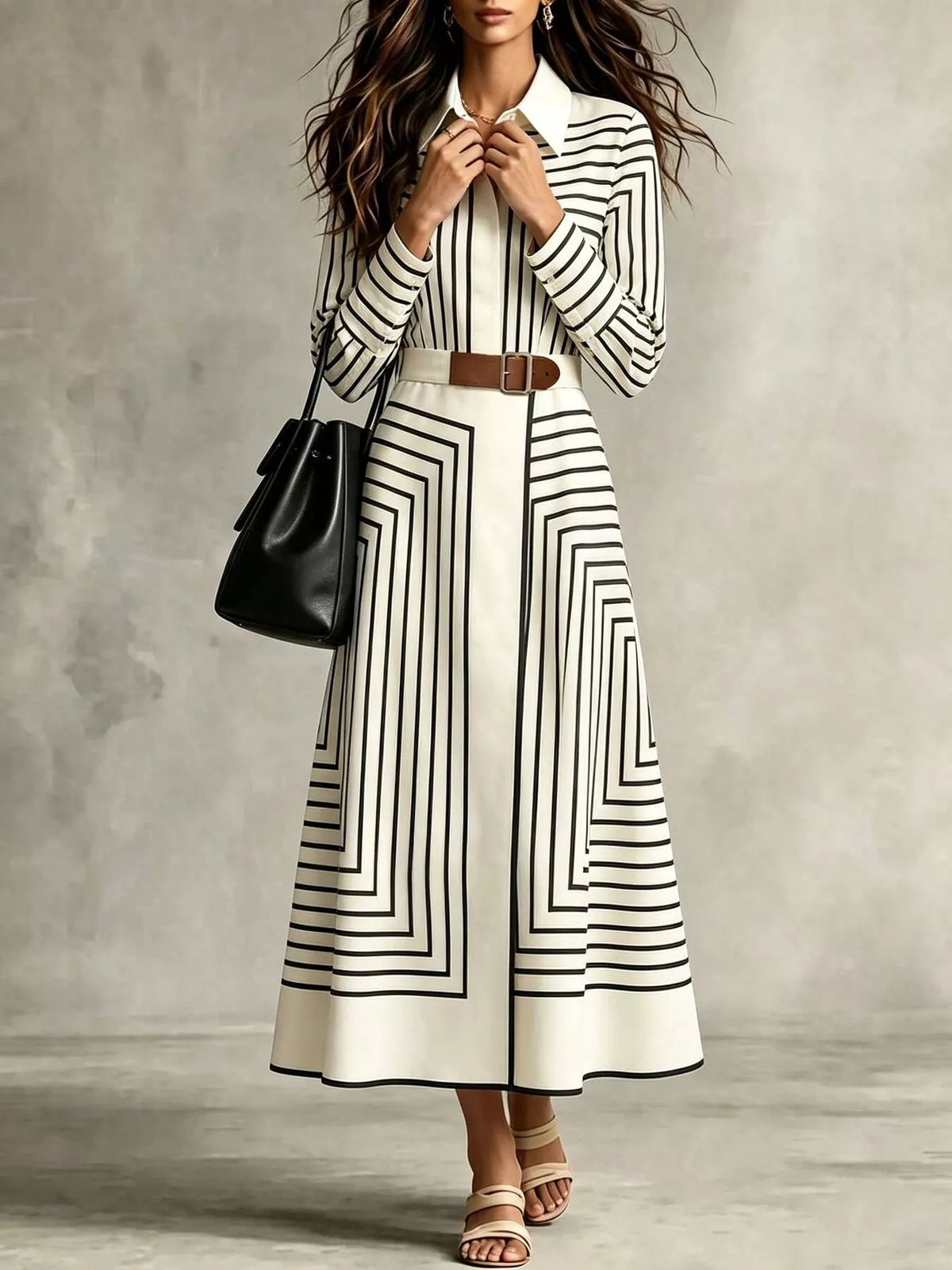 Geometric Striped Midi Shirt Dress