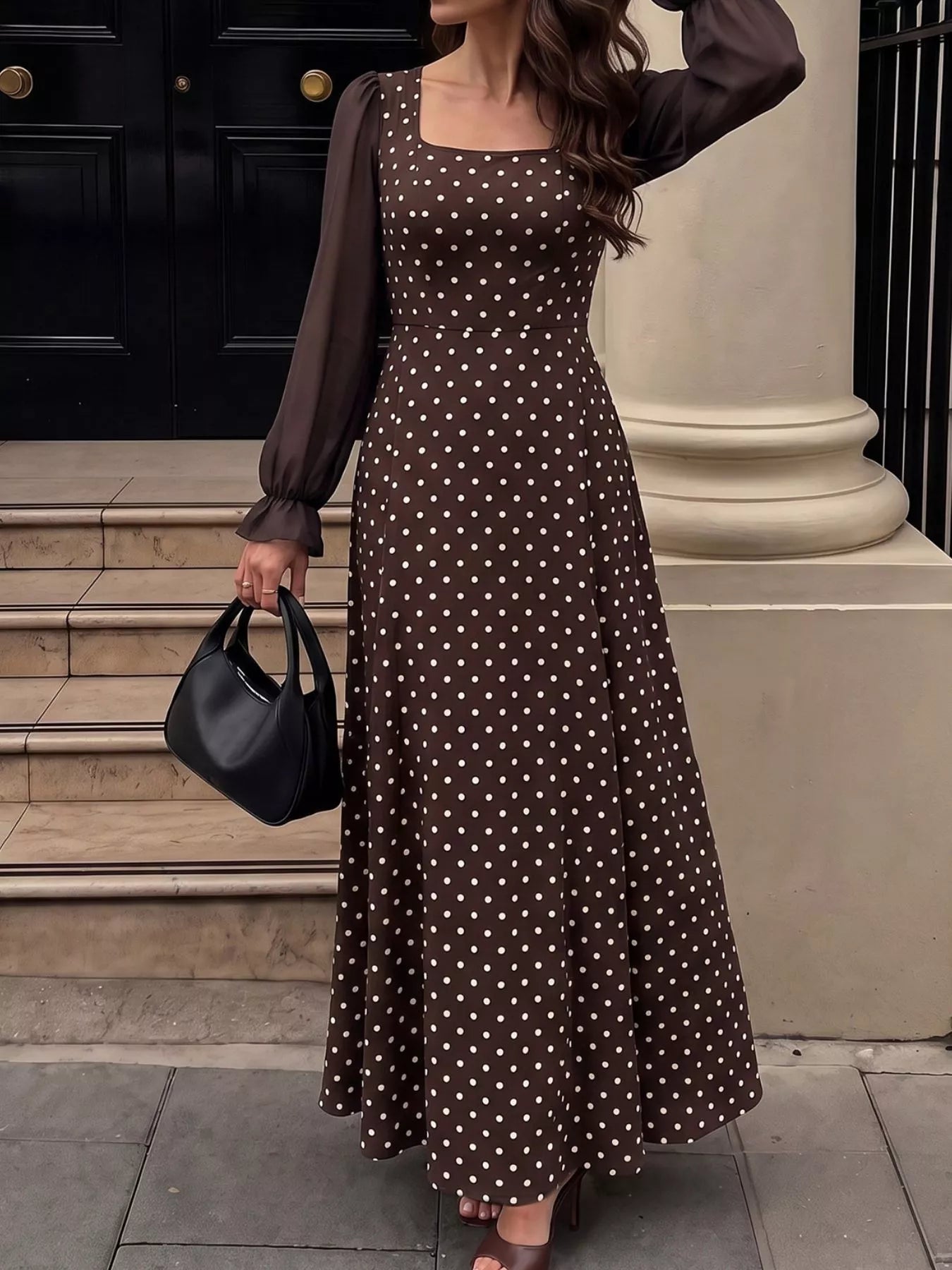 Polka Dot Square Neck Long Sleeve Maxi Dress