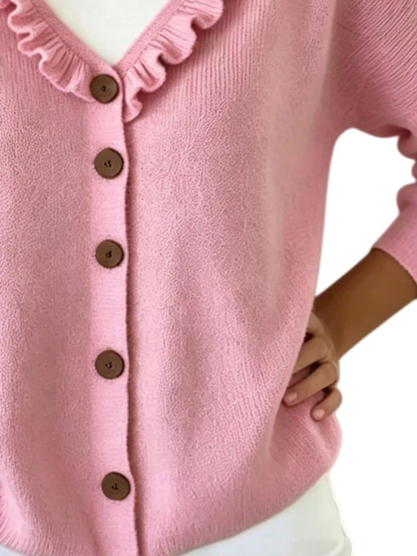 Ruffled Neckline Button-Up Cardigan