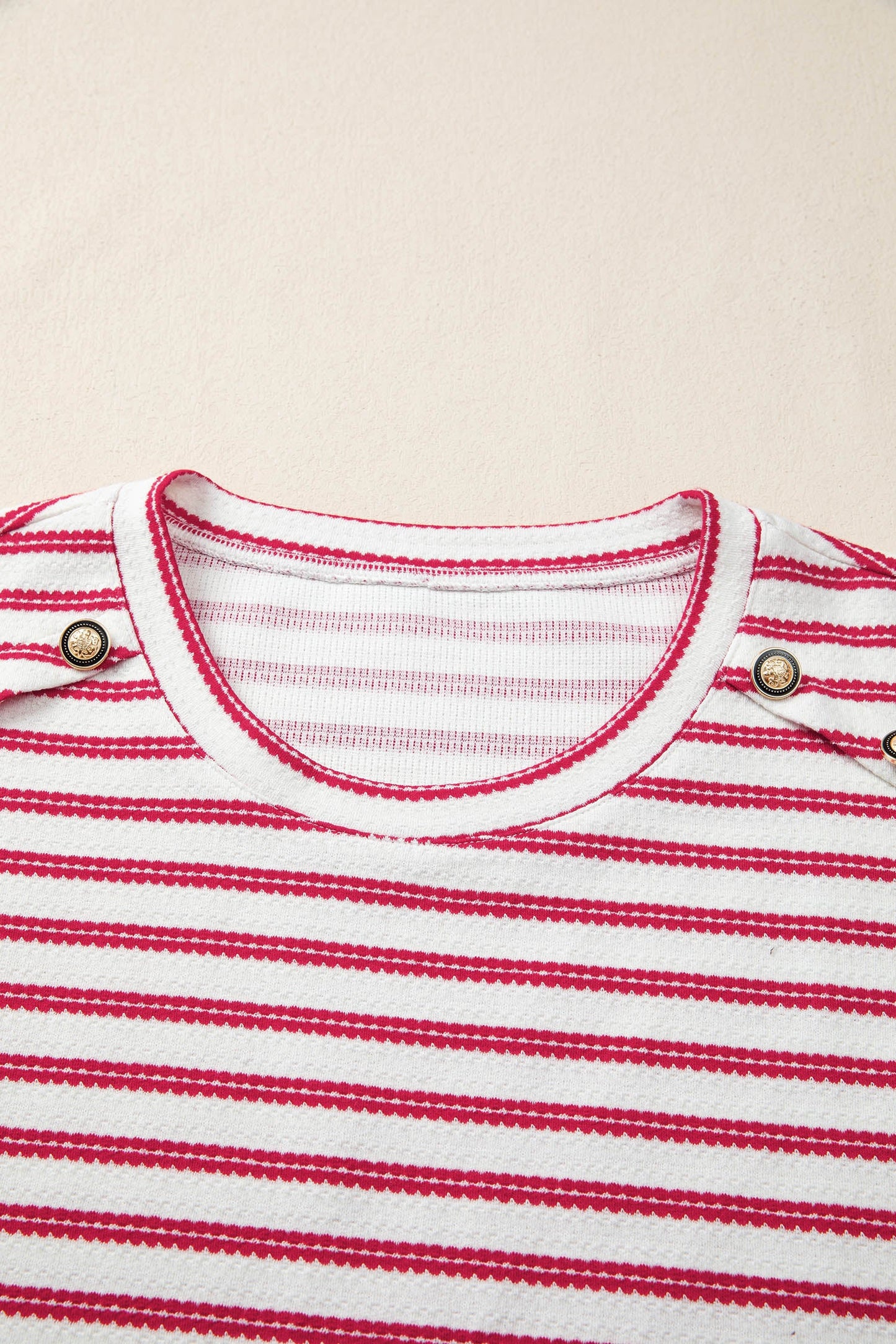 Stripe Textured Knit Button Detail Short Sleeve Casual Tee