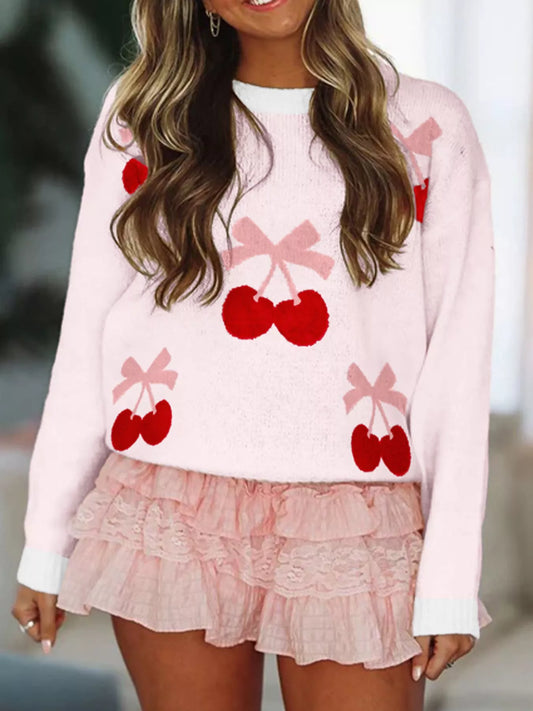 Cherry Pattern Drop Shoulder Sweater