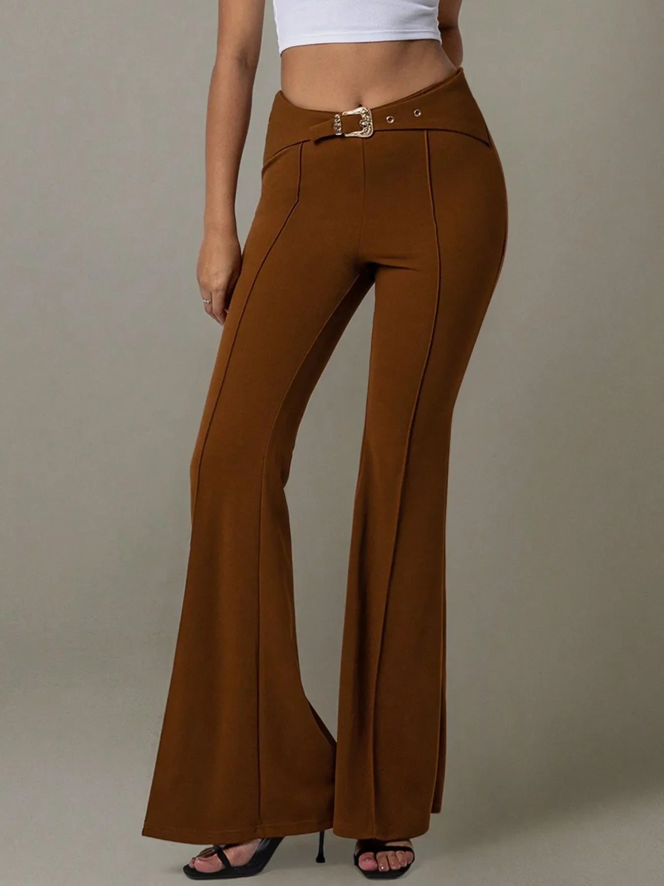 High Waist Flare Pants with Buckle Belt