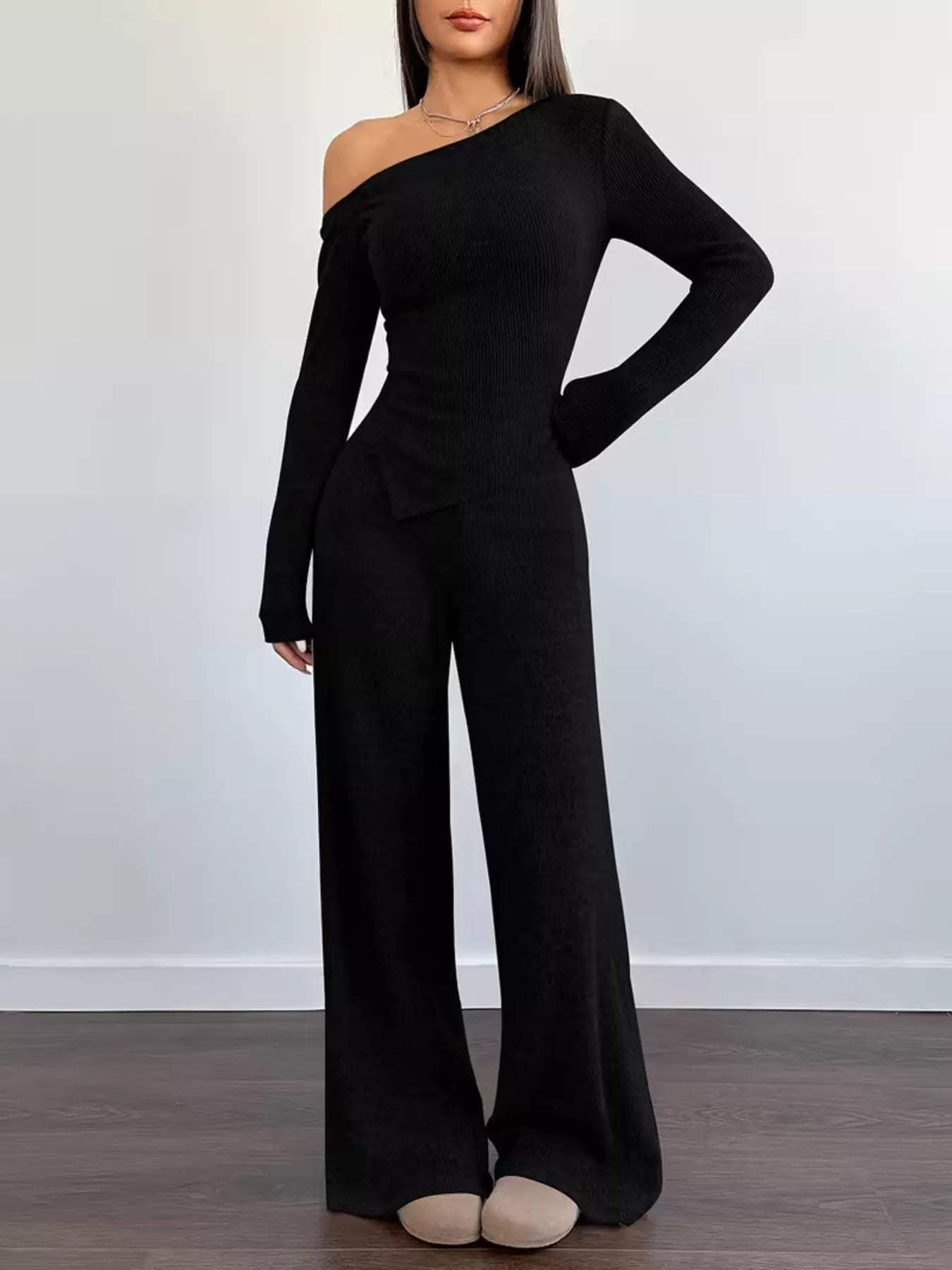Chic One-Shoulder Asymmetrical Top and Wide-Leg Pants Set
