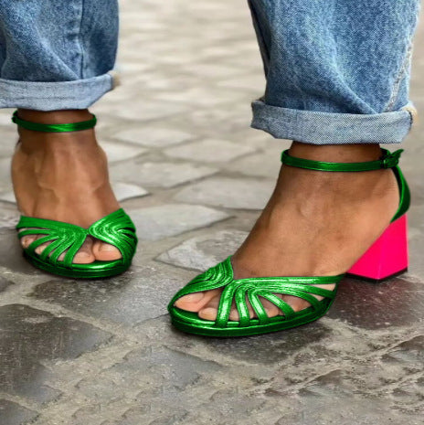 Women's Metallic Block Heel Peep Toe Buckle Sandals