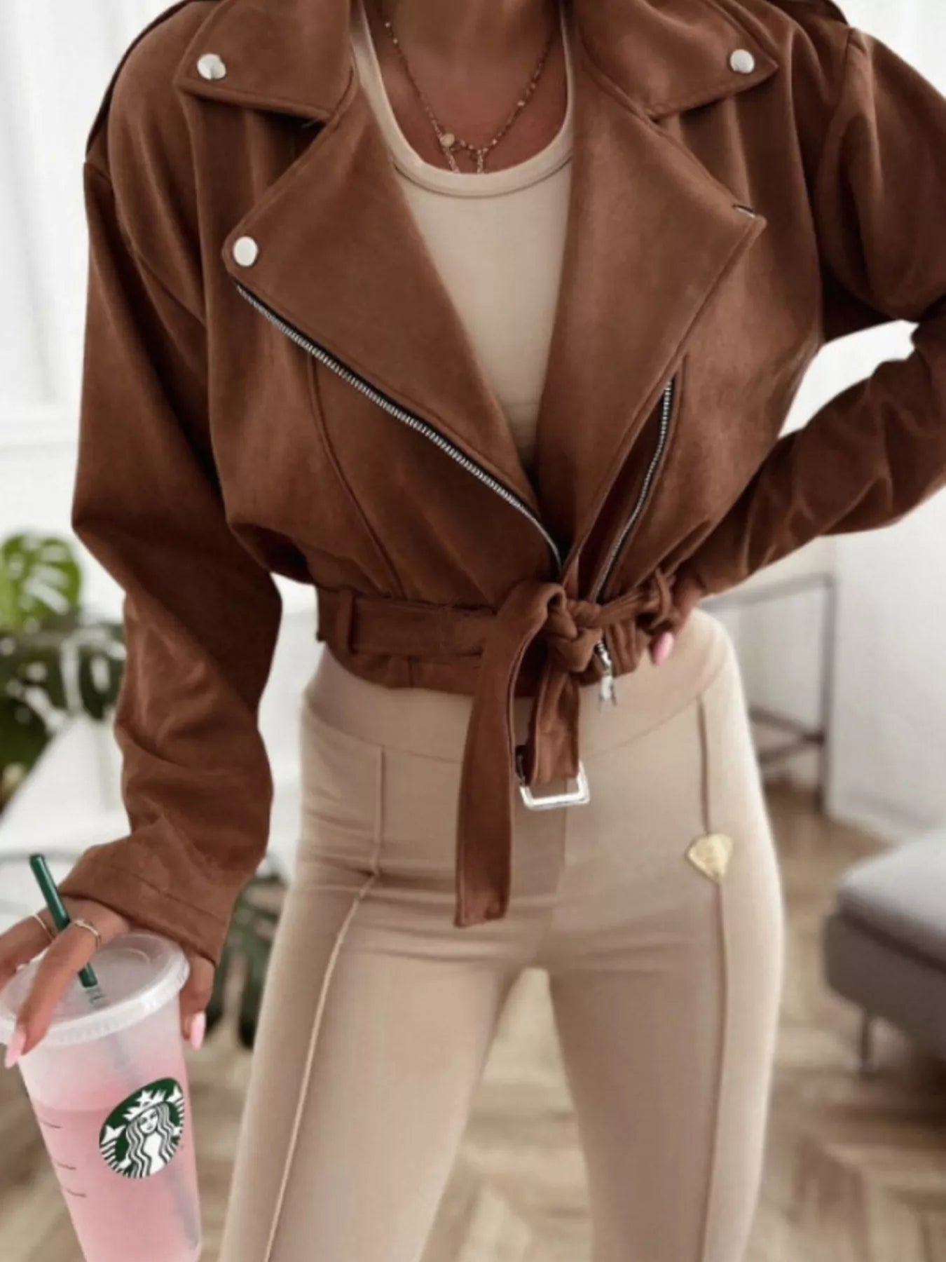 Cropped Biker Jacket with Belt Detail