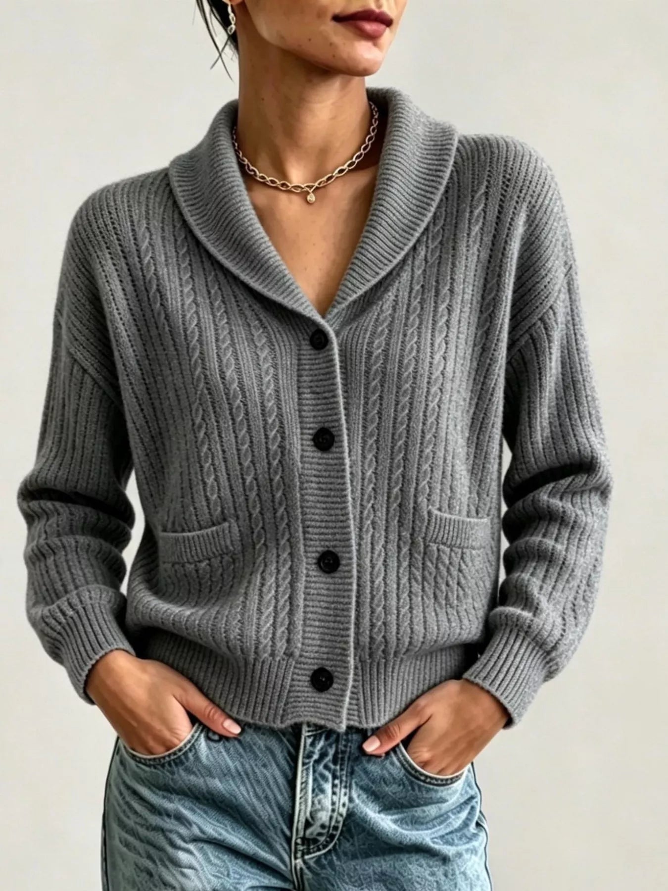 Full Size Shawl Collar Cable Knit Cardigan Plus Size