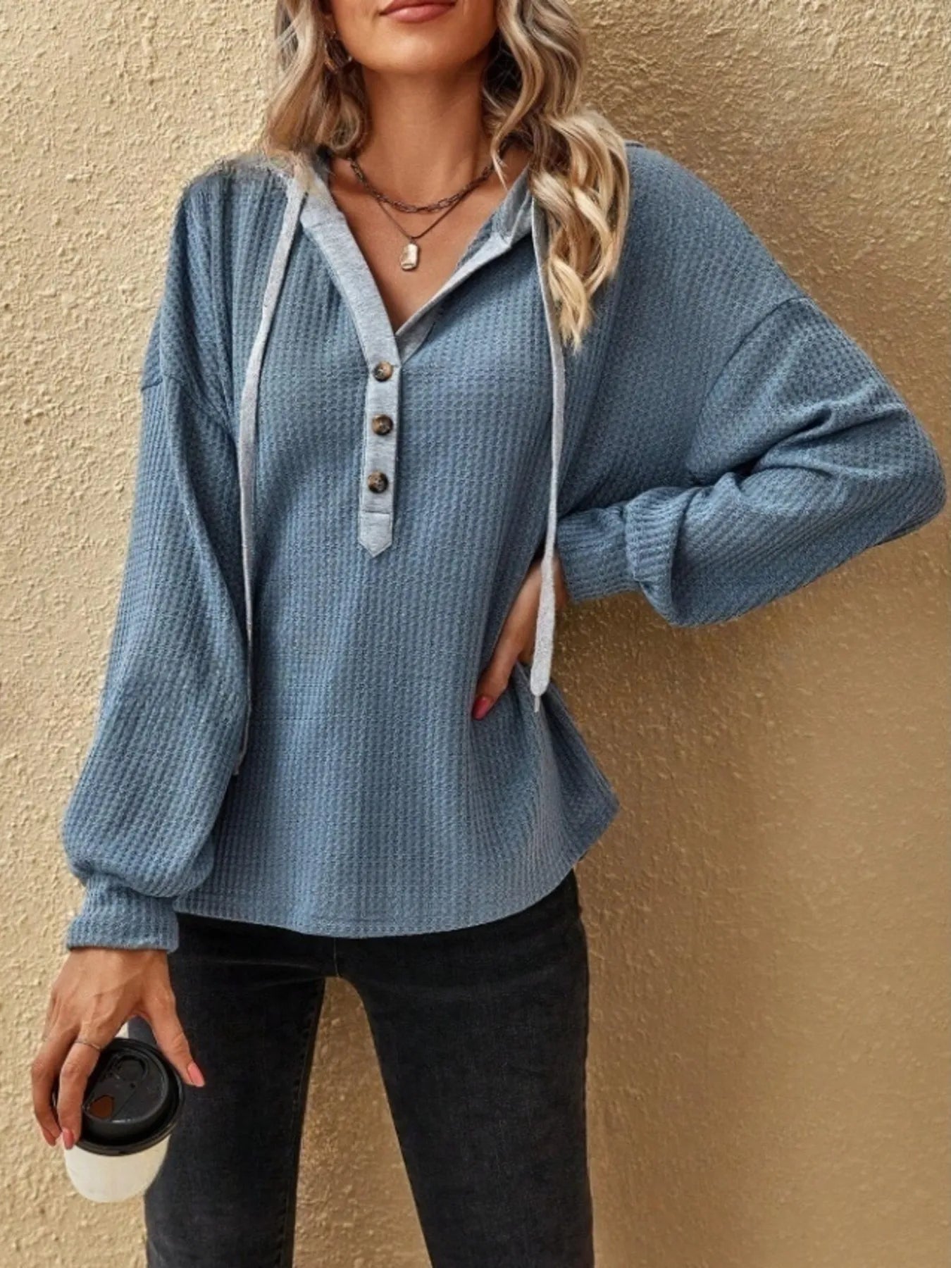 Drawstring Waffle Knit Hoodie