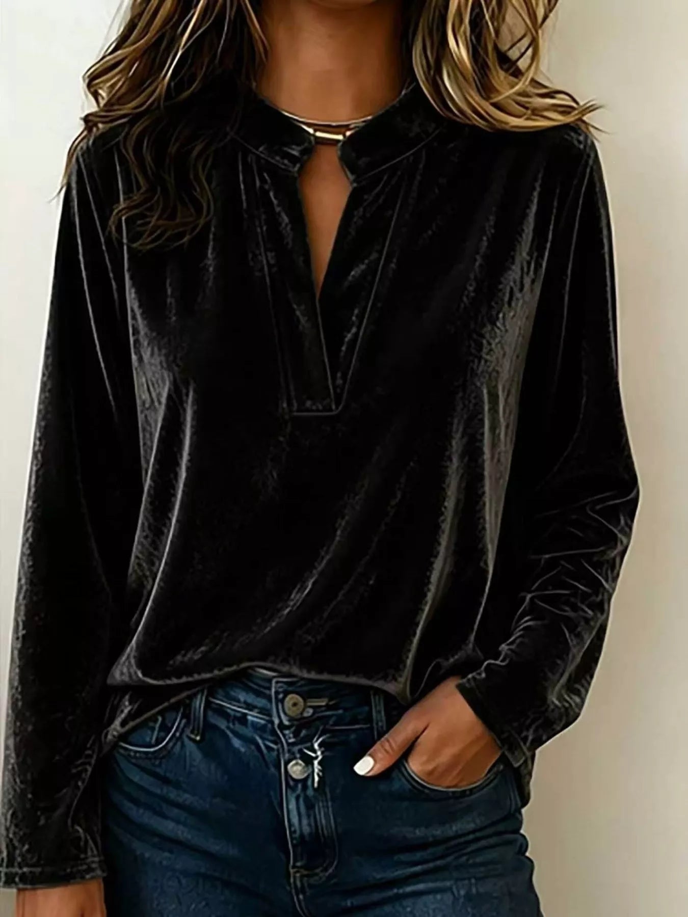 Full Size Velvet Notched Long Sleeve Blouse Plus Size